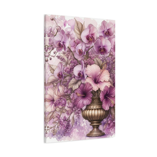 Main Mockup. Floral Orchids Hibiscus Purple Pink Floral shown as stretched canvas wall art