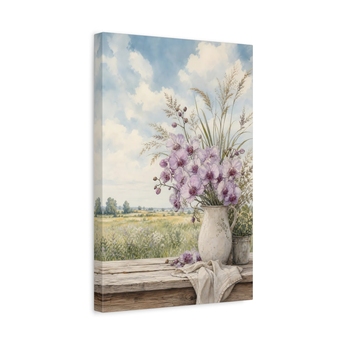 Side Mockup 4. Floral Orchids Lavender Orchids shown as stretched canvas wall art