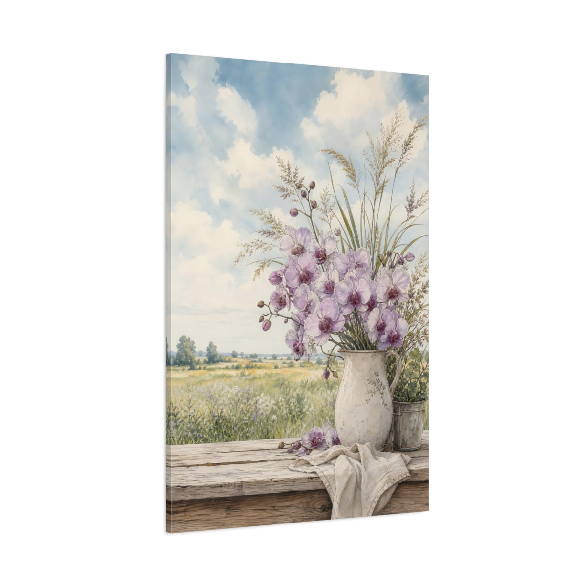 Side Mockup 1. Floral Orchids Lavender Orchids shown as stretched canvas wall art