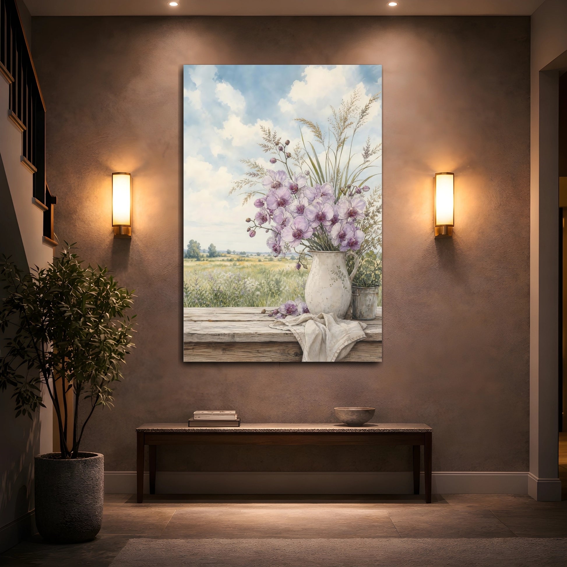Mockup 2. Floral Orchids Lavender Orchids shown as stretched canvas wall art