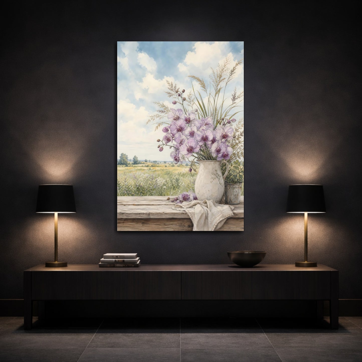 Mockup 3. Floral Orchids Lavender Orchids shown as stretched canvas wall art