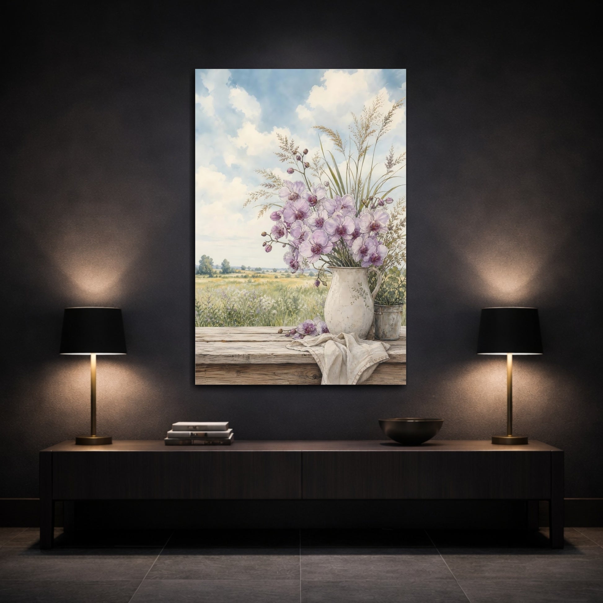 Mockup 3. Floral Orchids Lavender Orchids shown as stretched canvas wall art