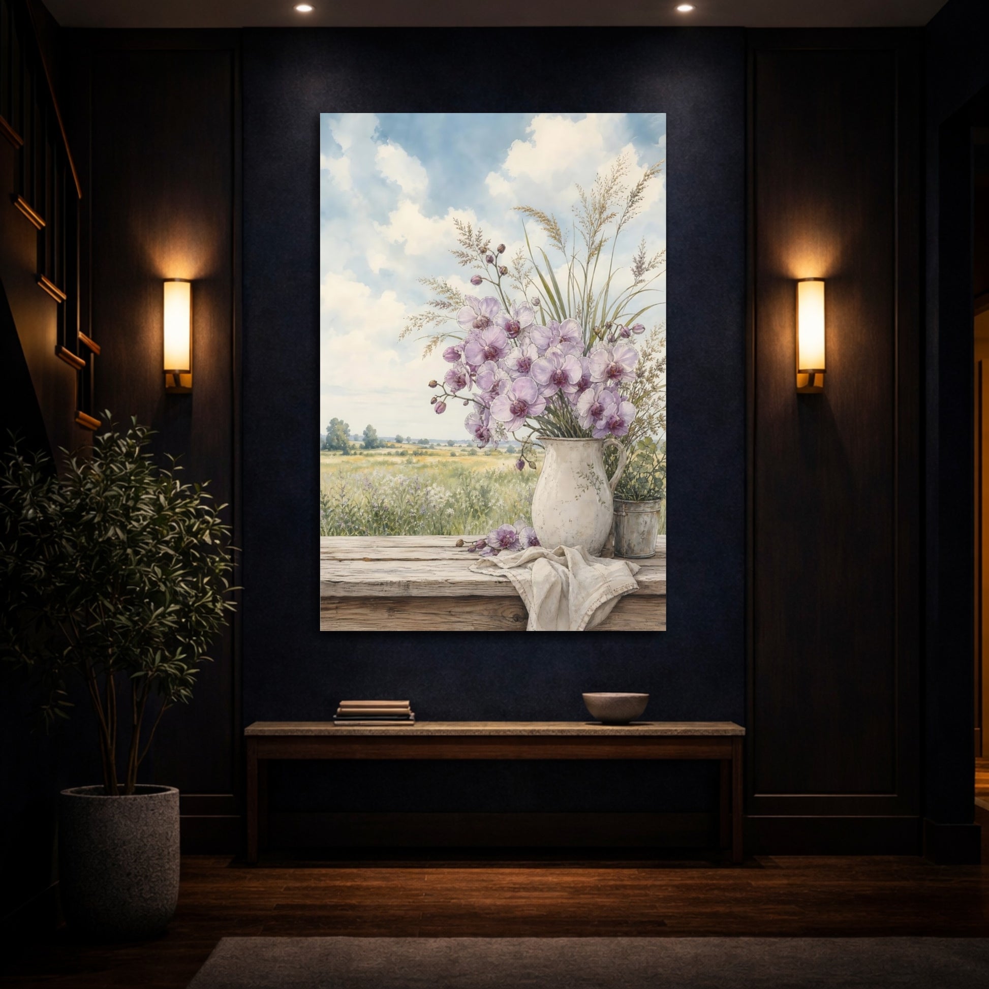 Mockup 4. Floral Orchids Lavender Orchids shown as stretched canvas wall art