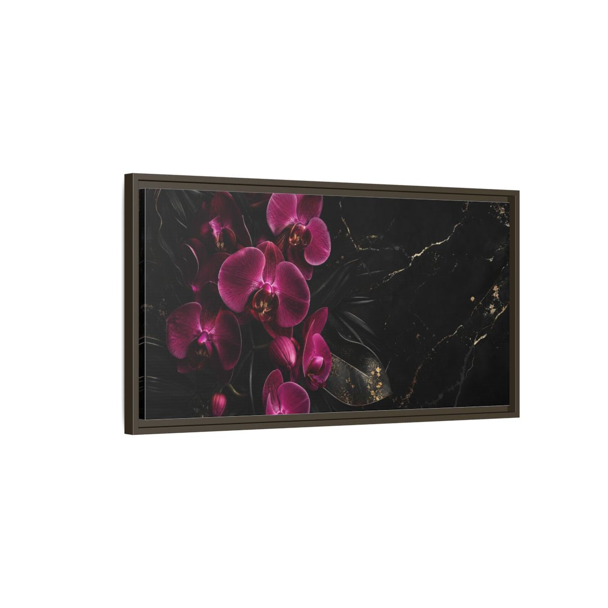 Main Mockup. Floral Orchids Pink And Black shown as stretched canvas wall art