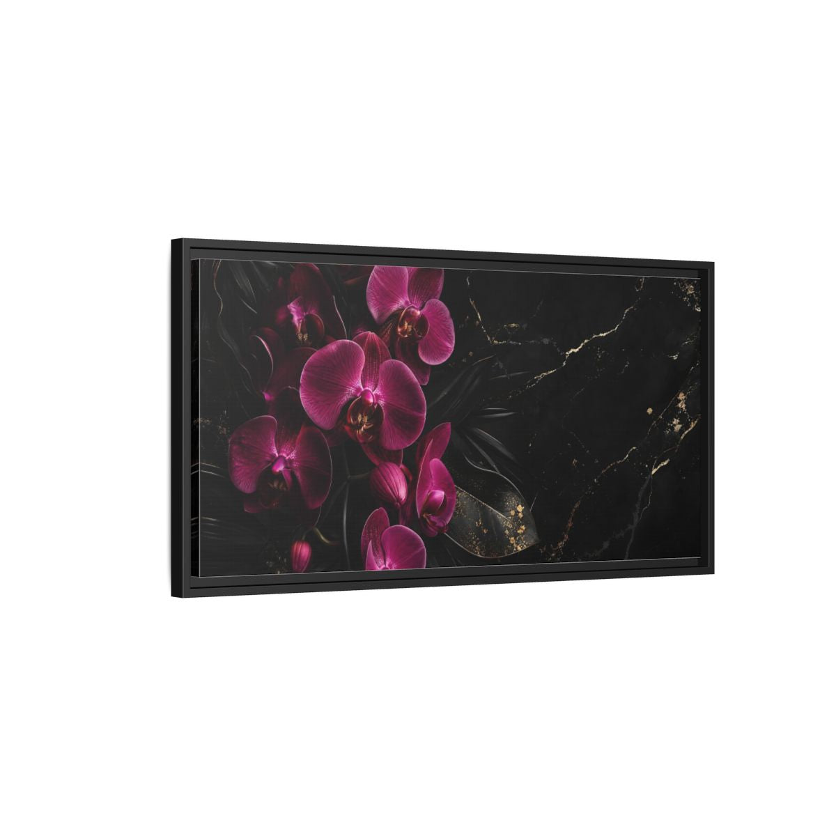 Side Mockup 2. Floral Orchids Pink And Black shown as stretched canvas wall art