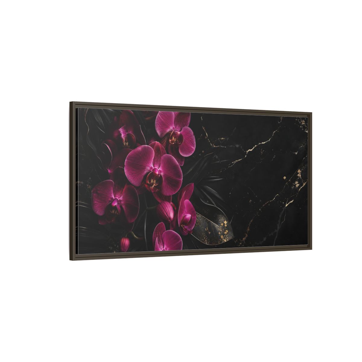 Side Mockup 4. Floral Orchids Pink And Black shown as stretched canvas wall art