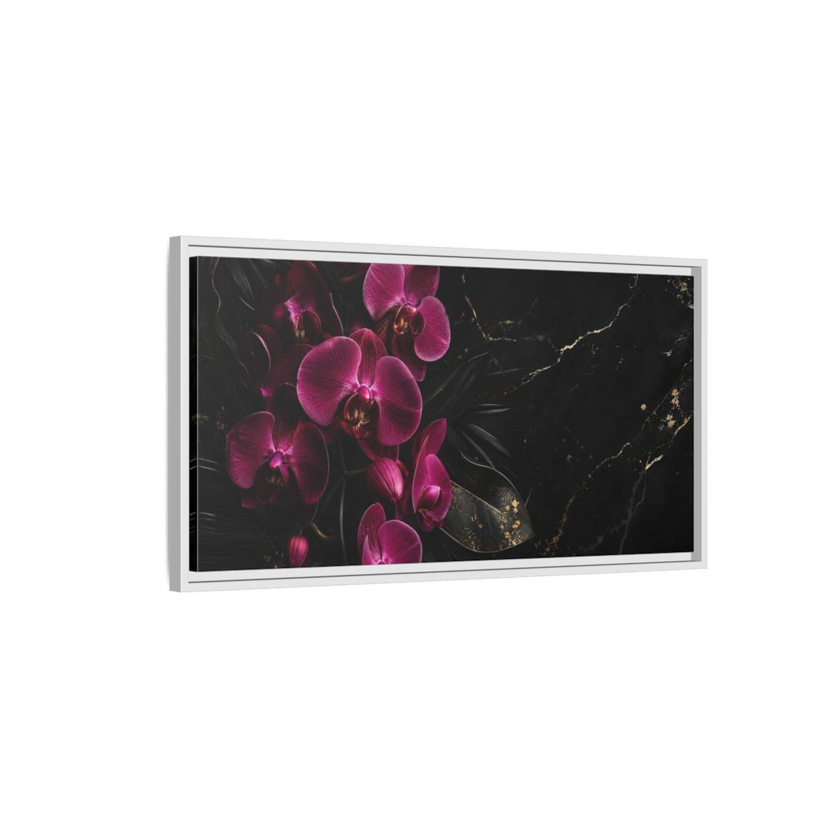 Side Mockup 1. Floral Orchids Pink And Black shown as stretched canvas wall art