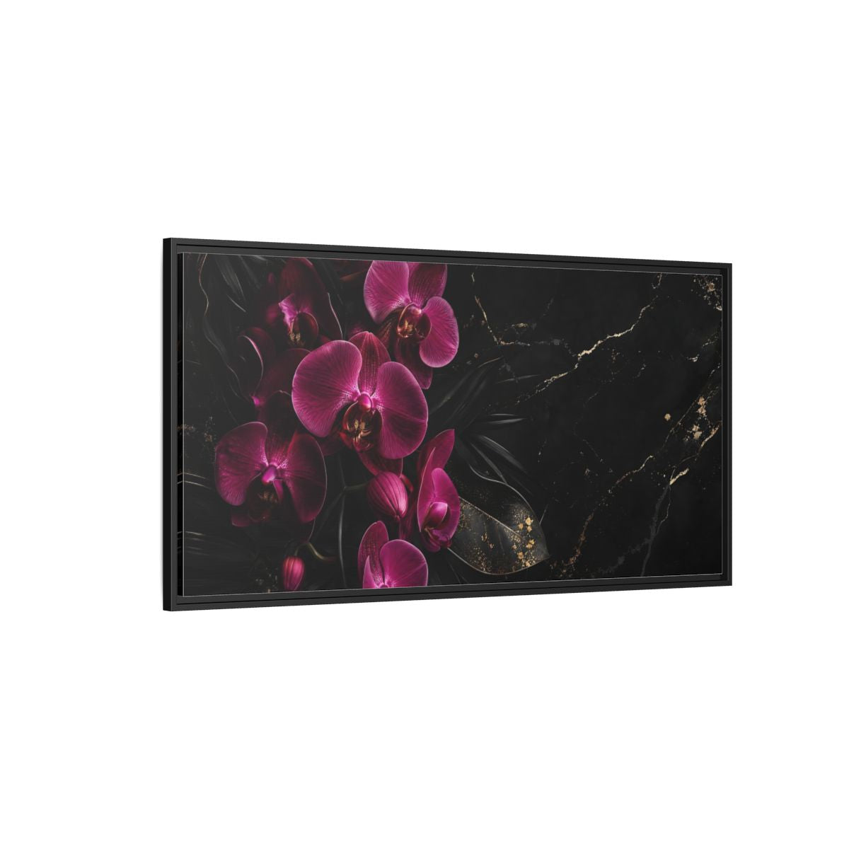 Side Mockup 5. Floral Orchids Pink And Black shown as stretched canvas wall art
