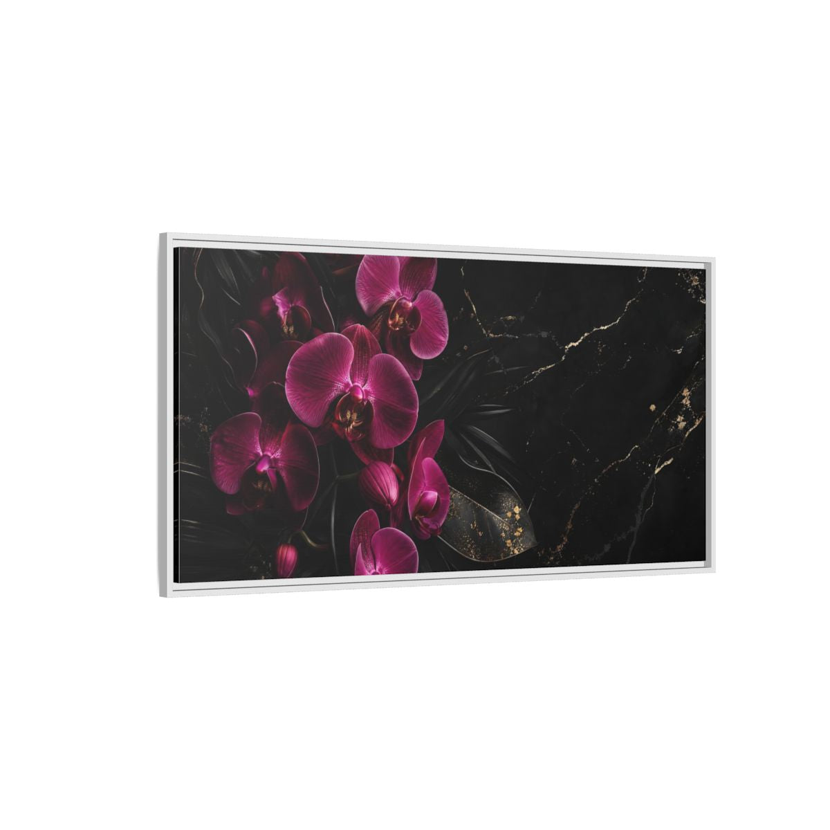Side Mockup 3. Floral Orchids Pink And Black shown as stretched canvas wall art