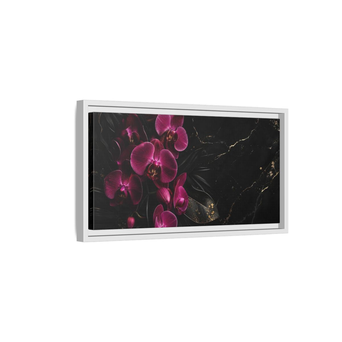 Side Mockup 6. Floral Orchids Pink And Black shown as stretched canvas wall art