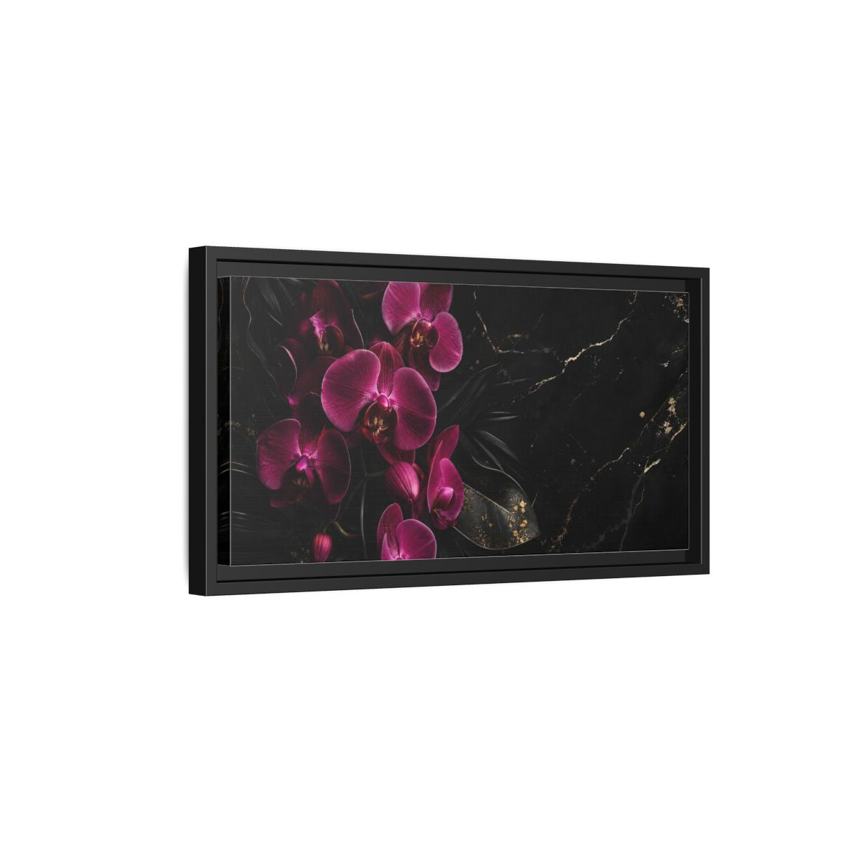 Side Mockup 8. Floral Orchids Pink And Black shown as stretched canvas wall art