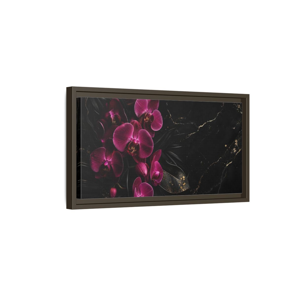 Side Mockup 7. Floral Orchids Pink And Black shown as stretched canvas wall art