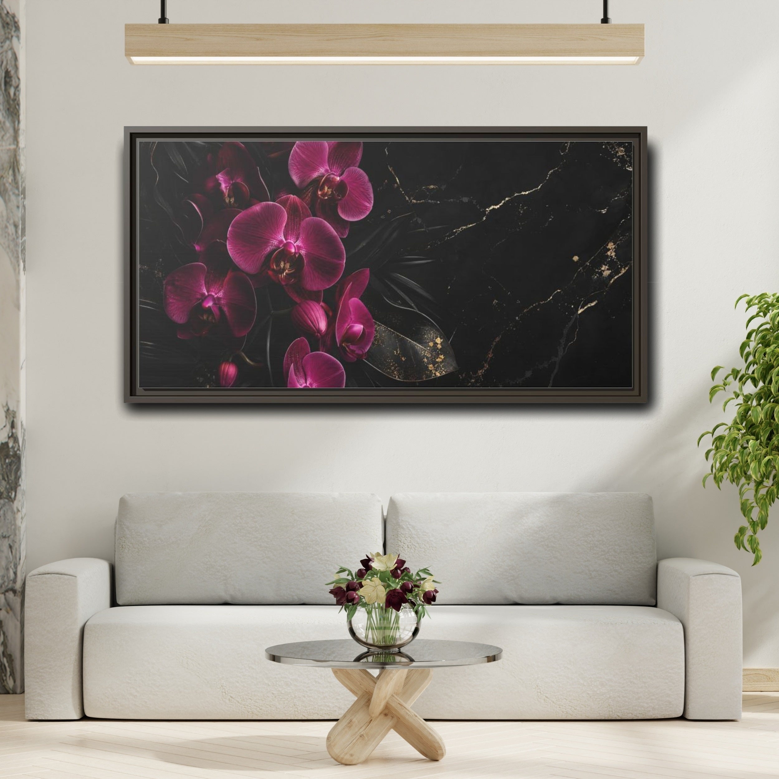 Mockup 2. Floral Orchids Pink And Black shown as stretched canvas wall art
