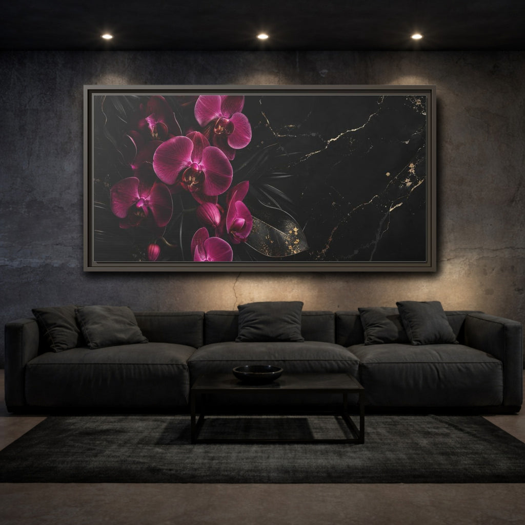 Mockup 3. Floral Orchids Pink And Black shown as stretched canvas wall art
