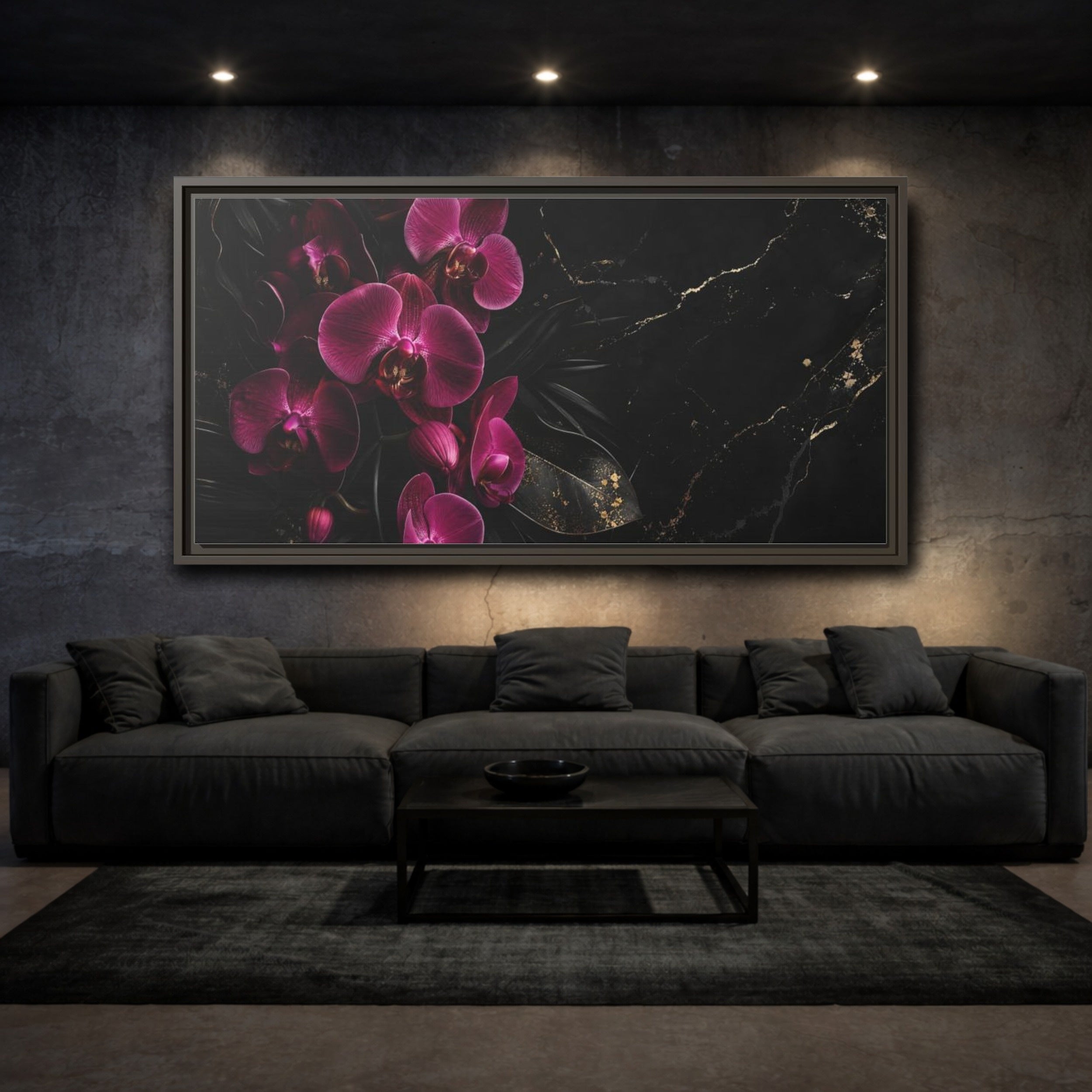 Mockup 3. Floral Orchids Pink And Black shown as stretched canvas wall art