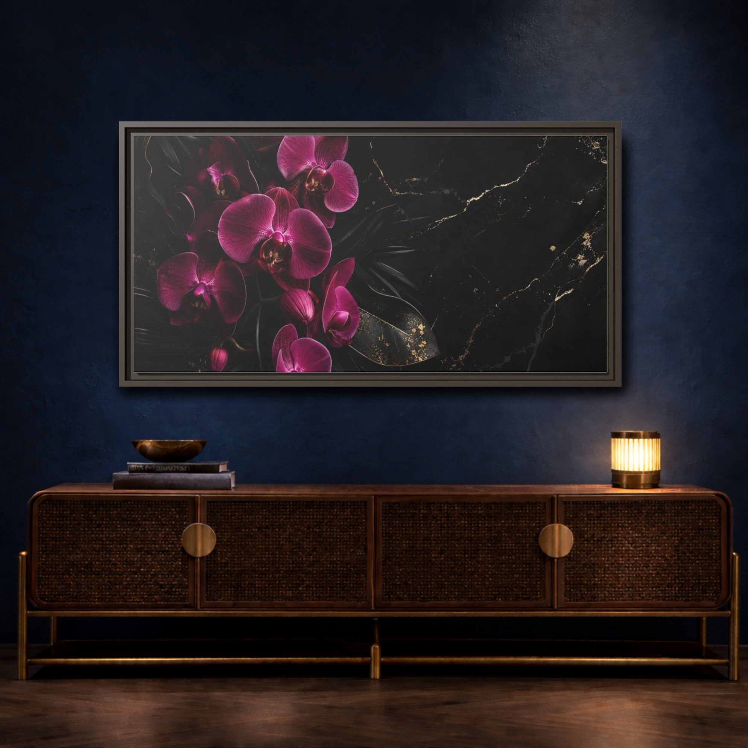 Mockup 4. Floral Orchids Pink And Black shown as stretched canvas wall art