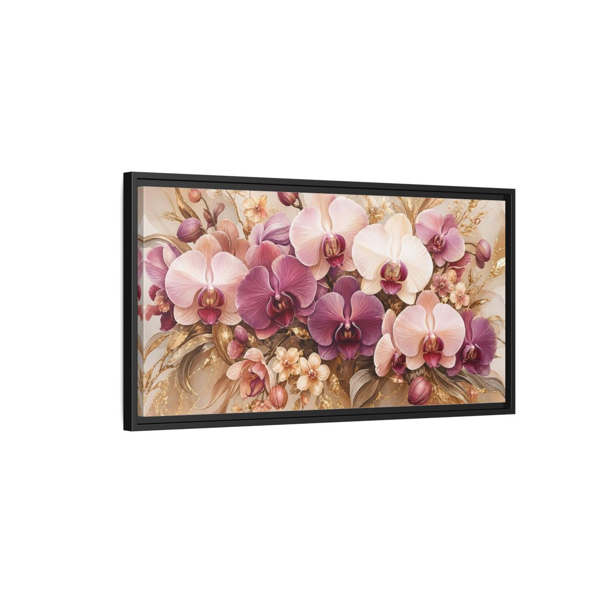 Side Mockup 2. Floral Orchids Pink Gold Orchids shown as stretched canvas wall art