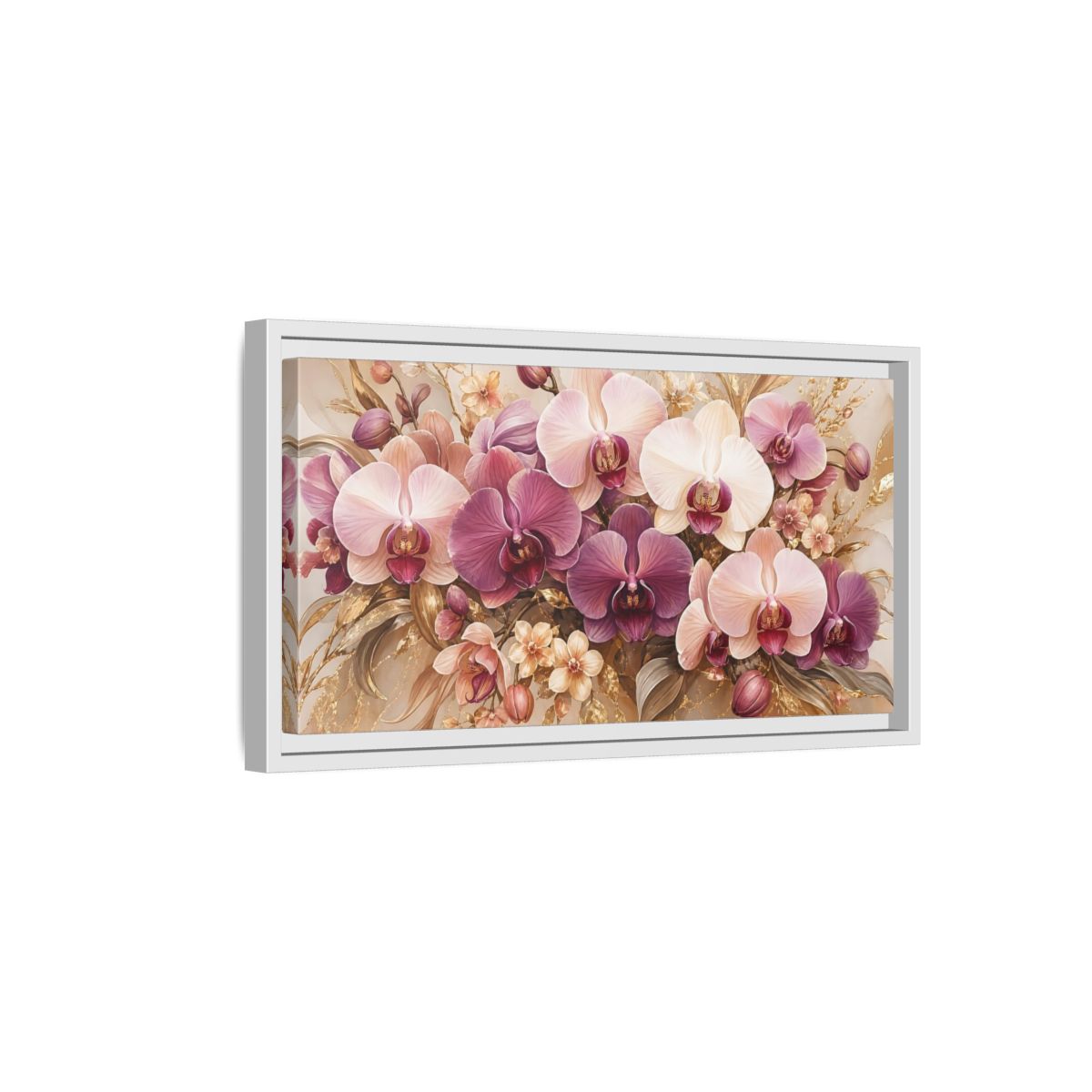 Side Mockup 6. Floral Orchids Pink Gold Orchids shown as stretched canvas wall art