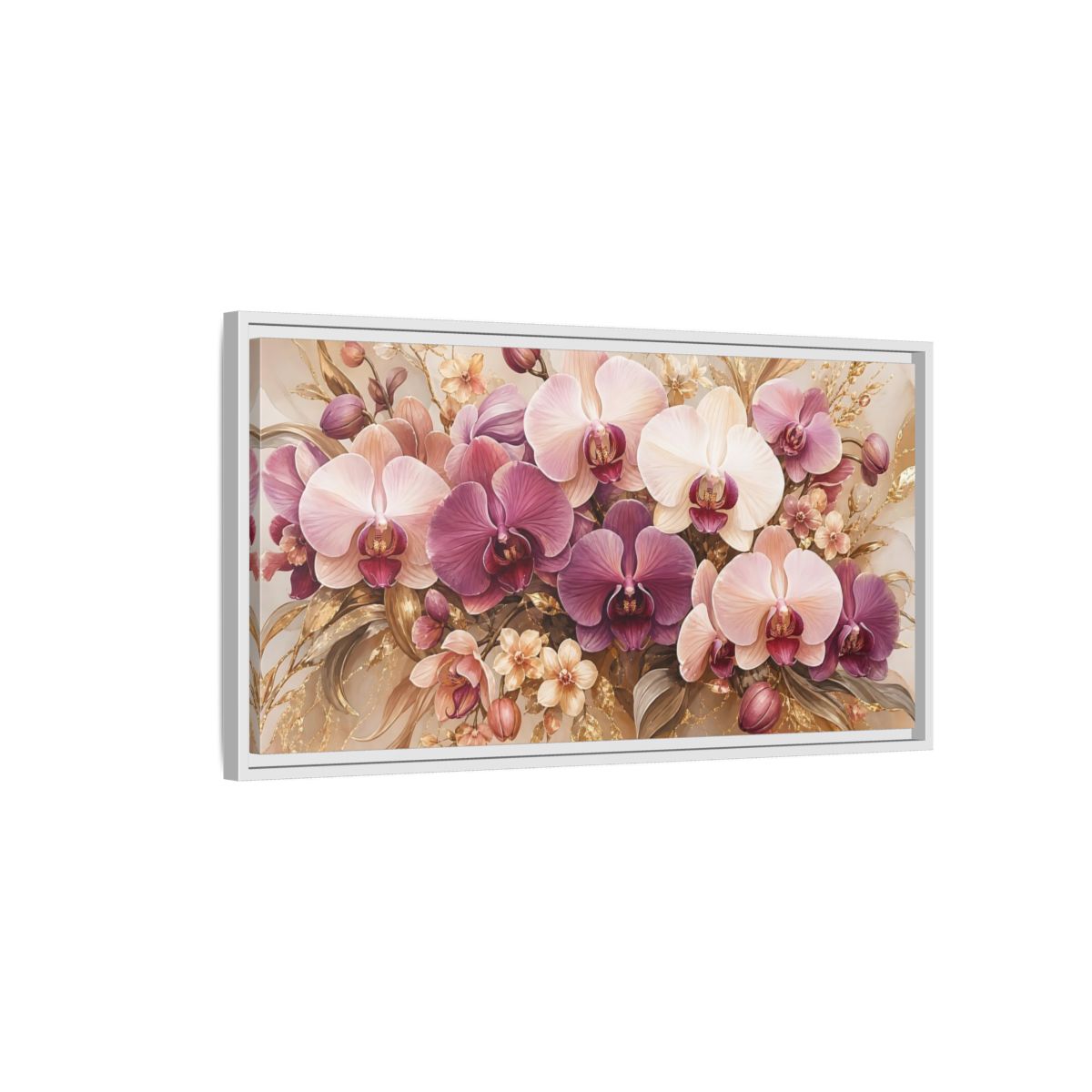 Side Mockup 1. Floral Orchids Pink Gold Orchids shown as stretched canvas wall art