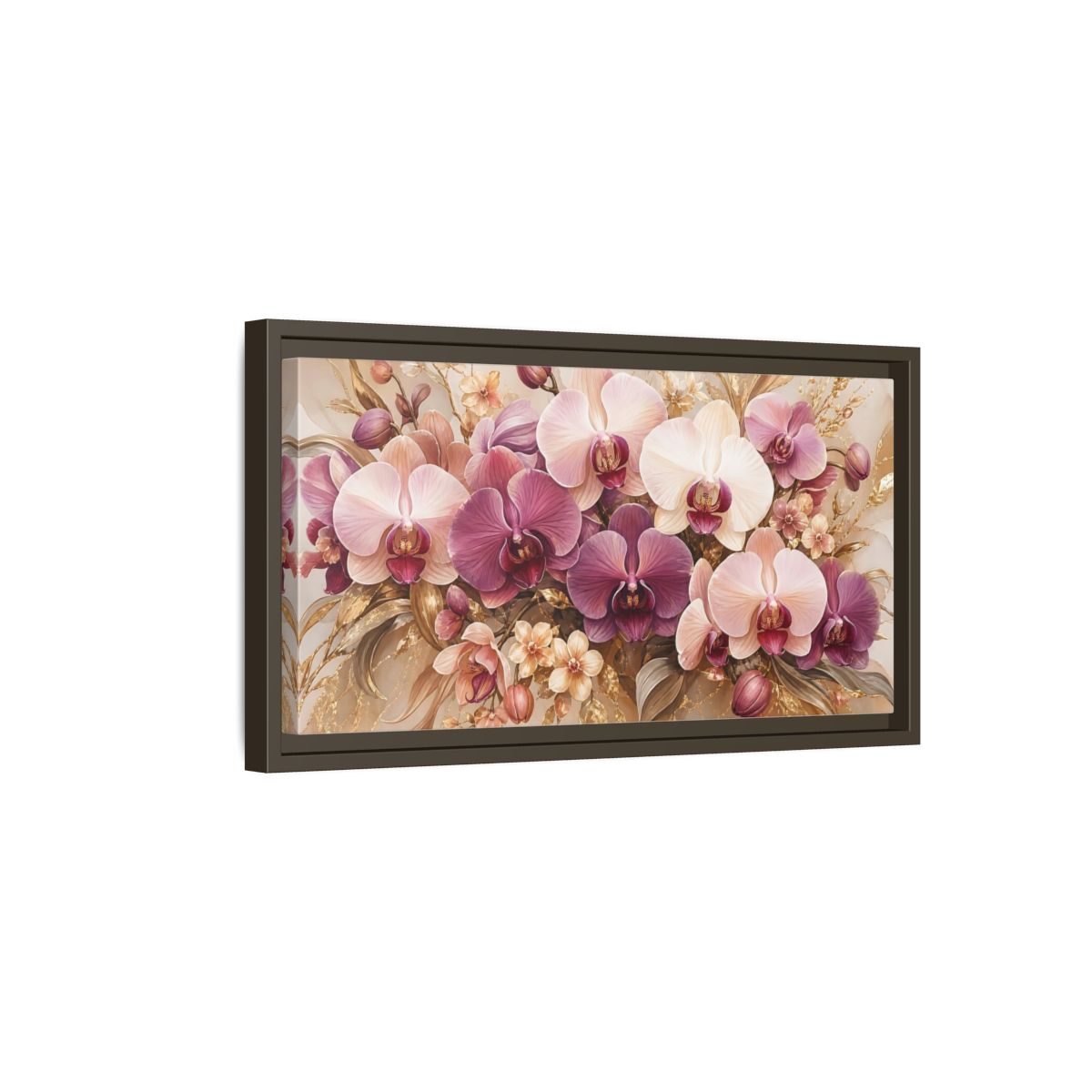 Side Mockup 7. Floral Orchids Pink Gold Orchids shown as stretched canvas wall art