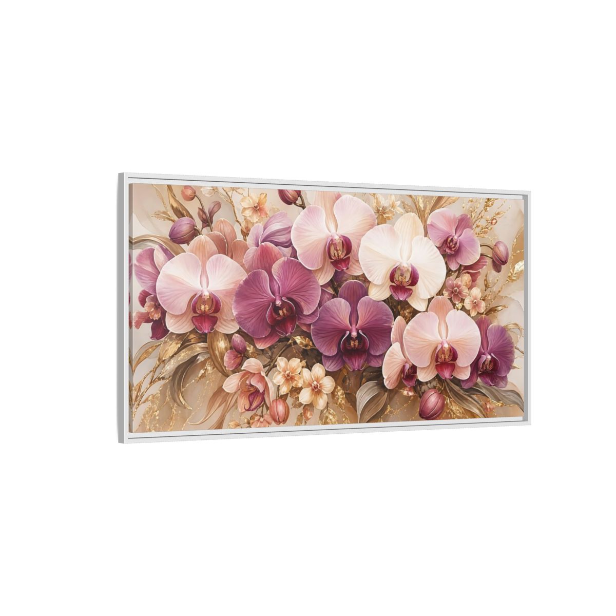 Side Mockup 3. Floral Orchids Pink Gold Orchids shown as stretched canvas wall art