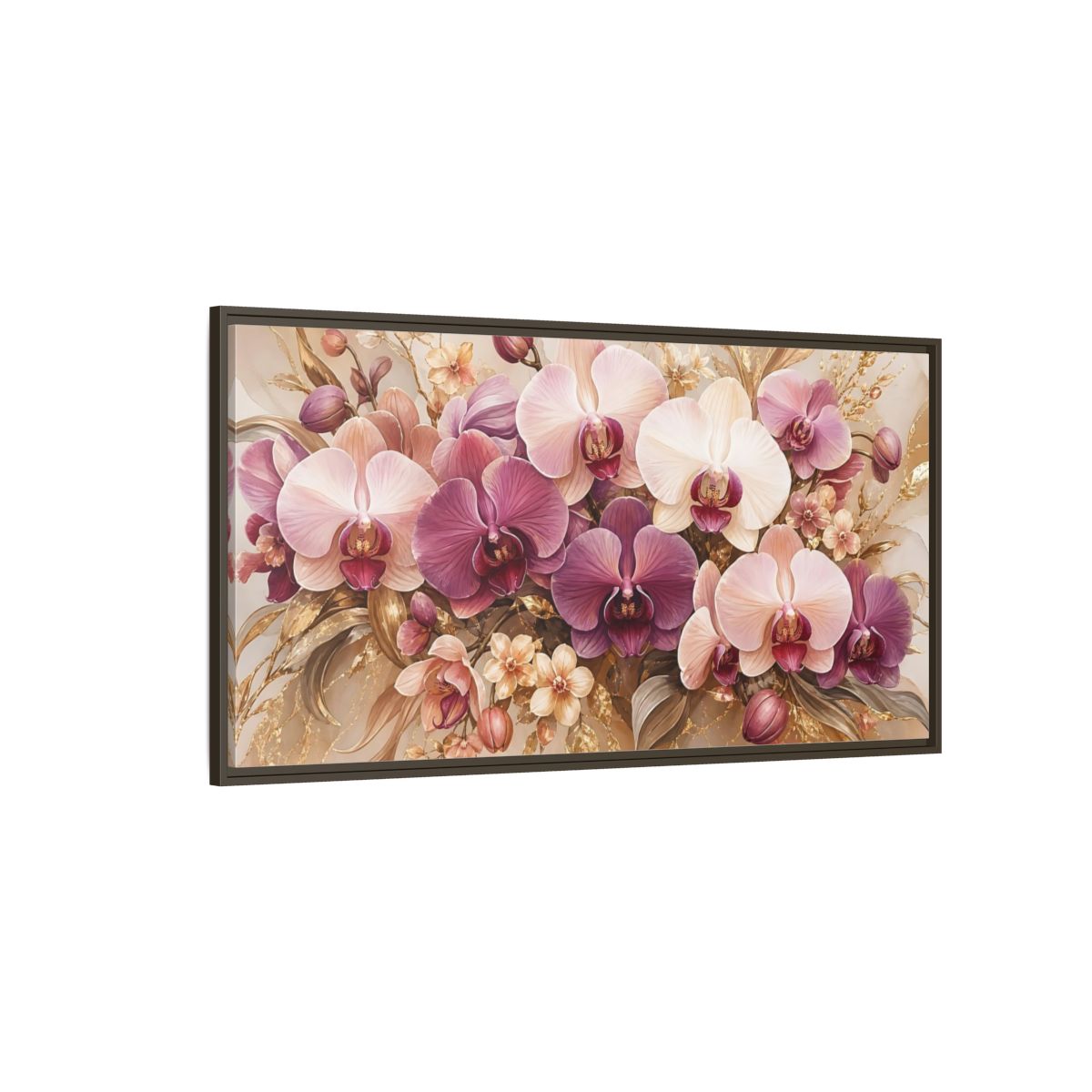 Side Mockup 4. Floral Orchids Pink Gold Orchids shown as stretched canvas wall art