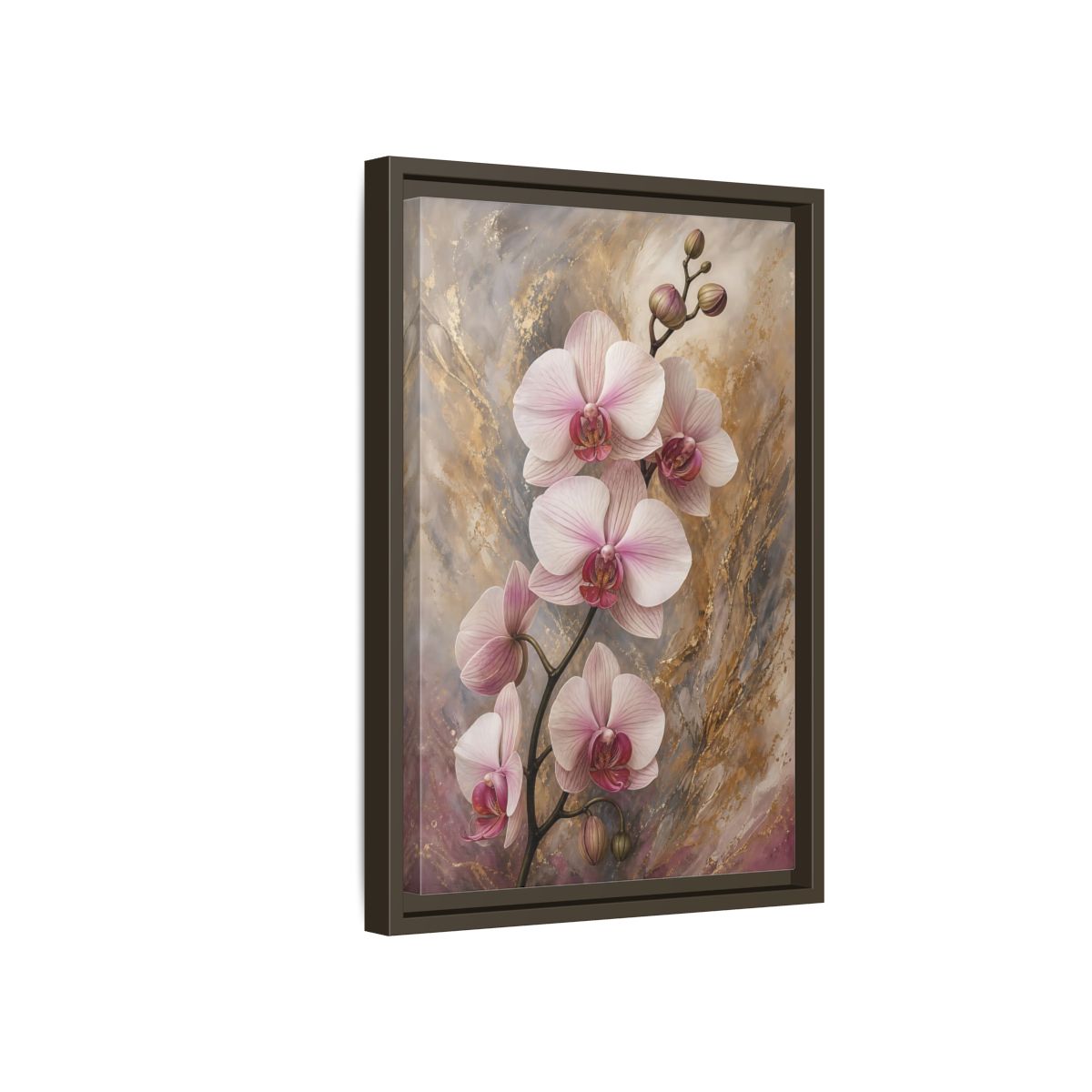 Floral Orchids Pink Gold Framed Canvas Wall Art - Living Room, Above Sofa, and shown as canvas wall art