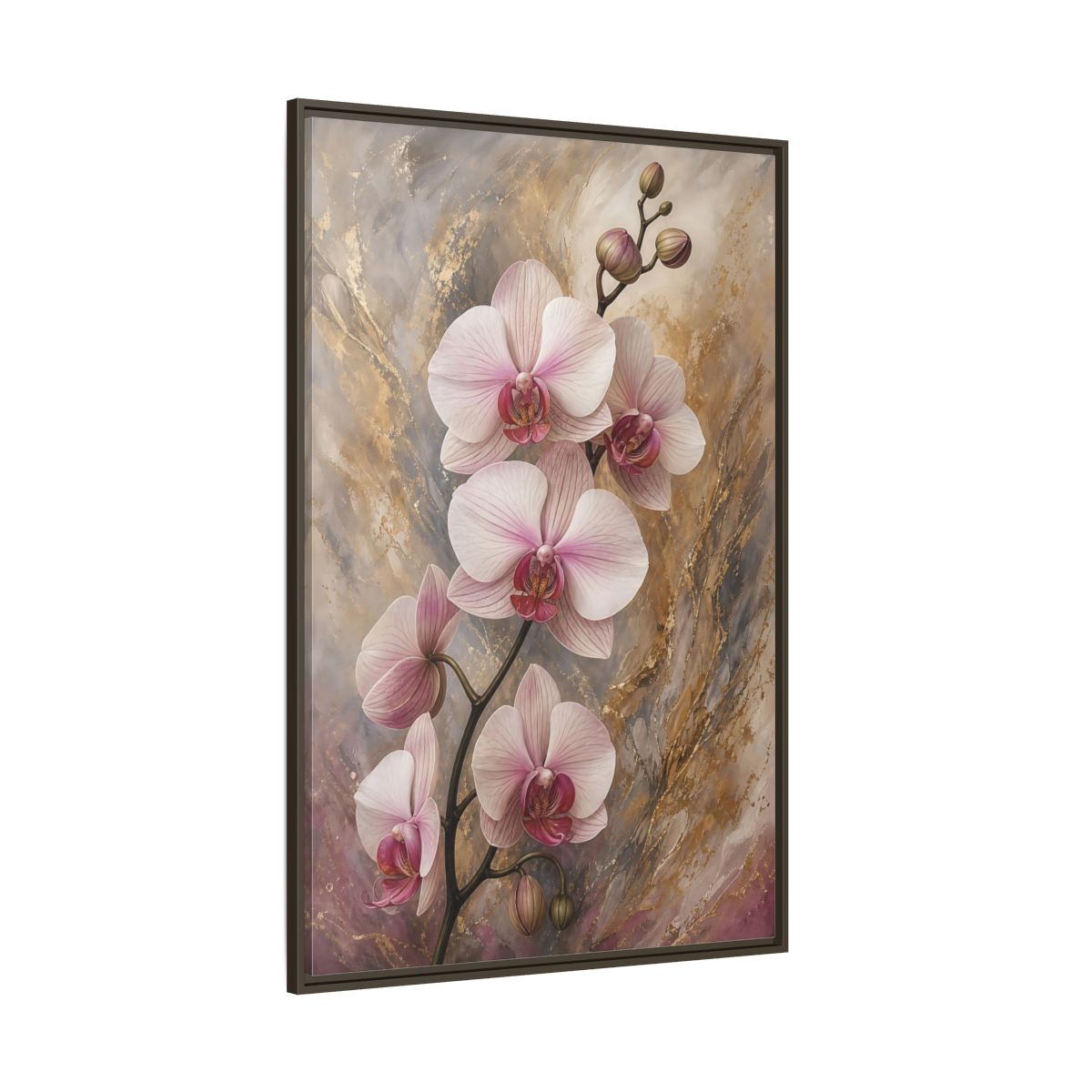 Floral Orchids Pink Gold Framed Canvas Wall Art - Living Room, Above Sofa, and shown as canvas wall art