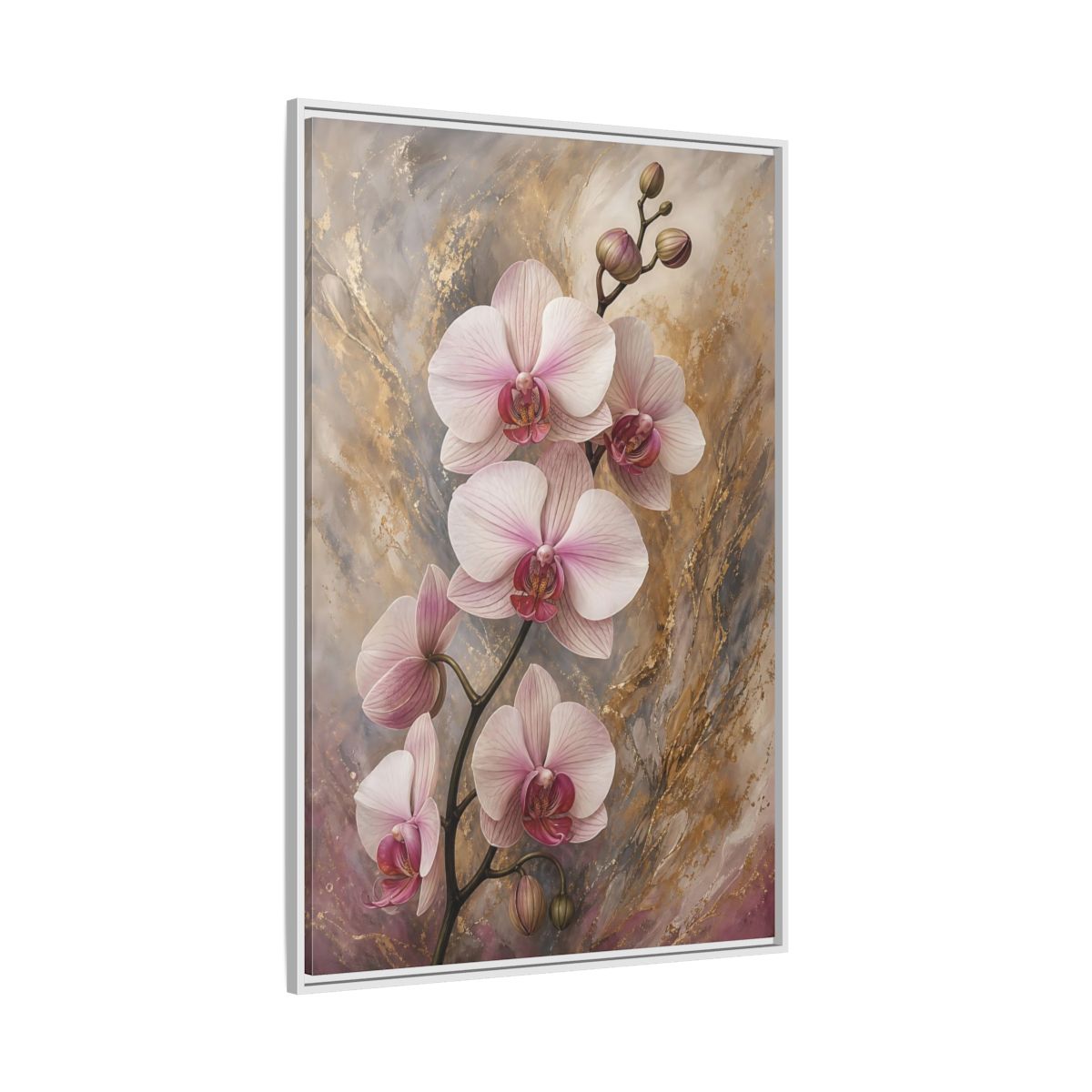 Floral Orchids Pink Gold Framed Canvas Wall Art - Living Room, Above Sofa, and shown as canvas wall art