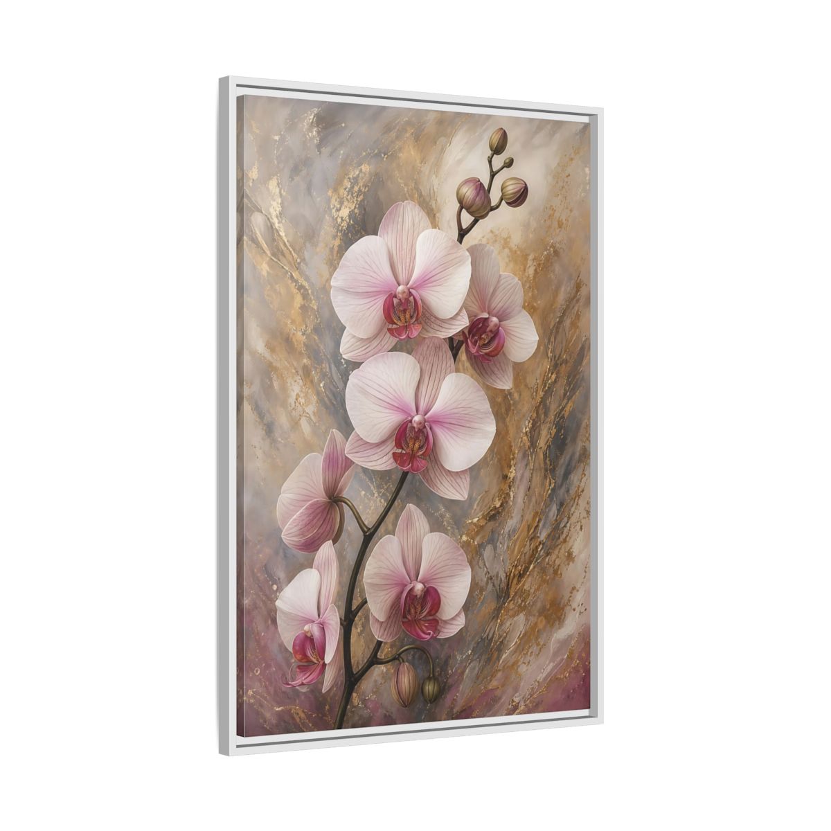 Floral Orchids Pink Gold Framed Canvas Wall Art - Living Room, Above Sofa, and shown as canvas wall art