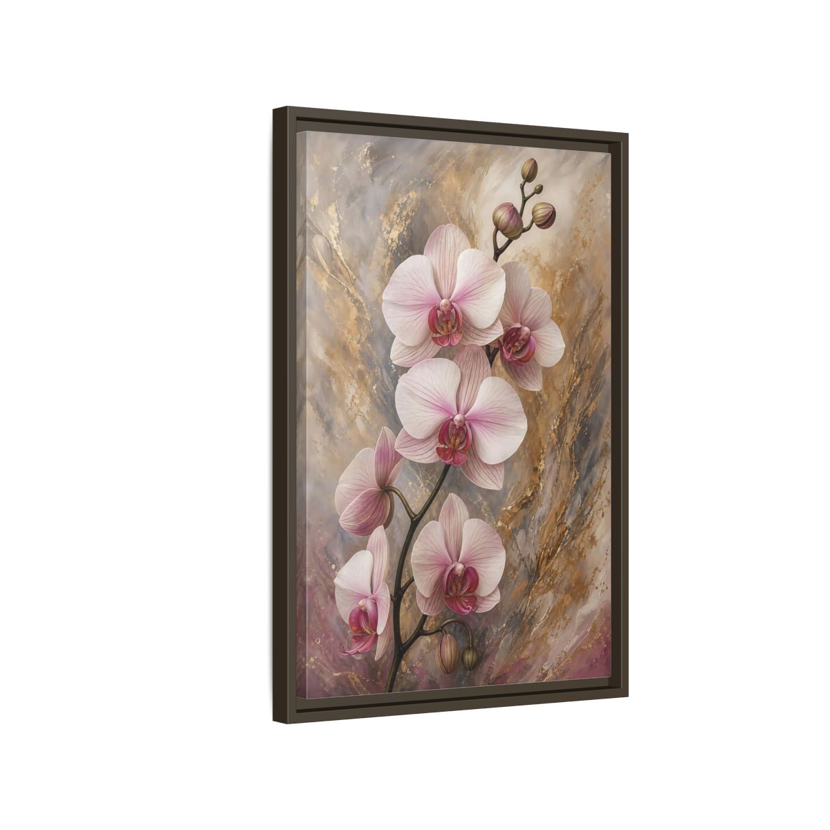 Floral Orchids Pink Gold Framed Canvas Wall Art - Living Room, Above Sofa, and shown as canvas wall art