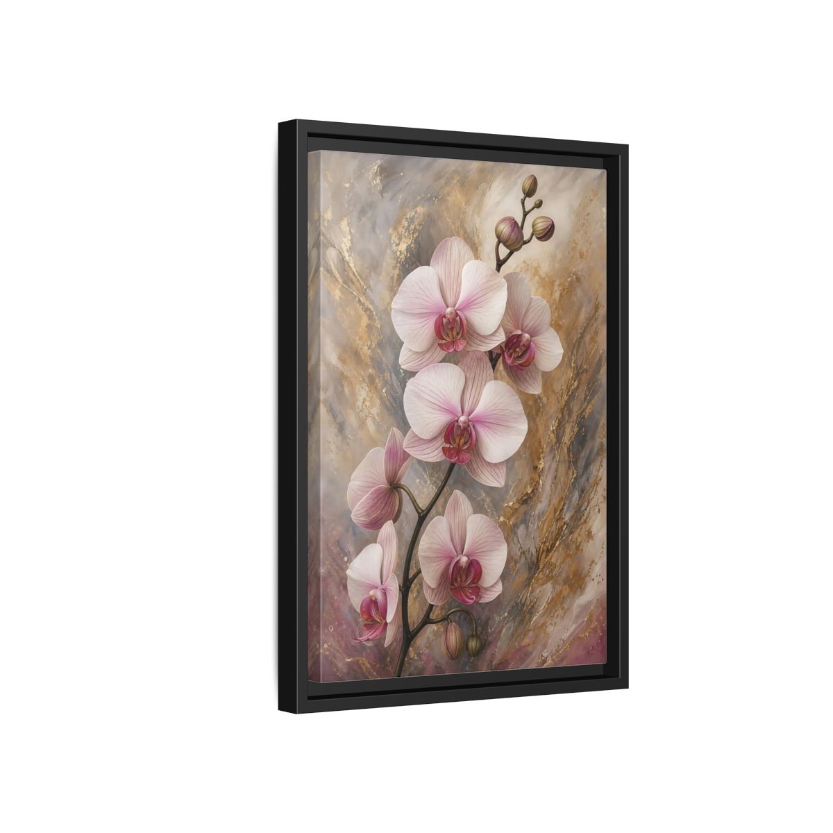 Floral Orchids Pink Gold Framed Canvas Wall Art - Living Room, Above Sofa, and shown as canvas wall art