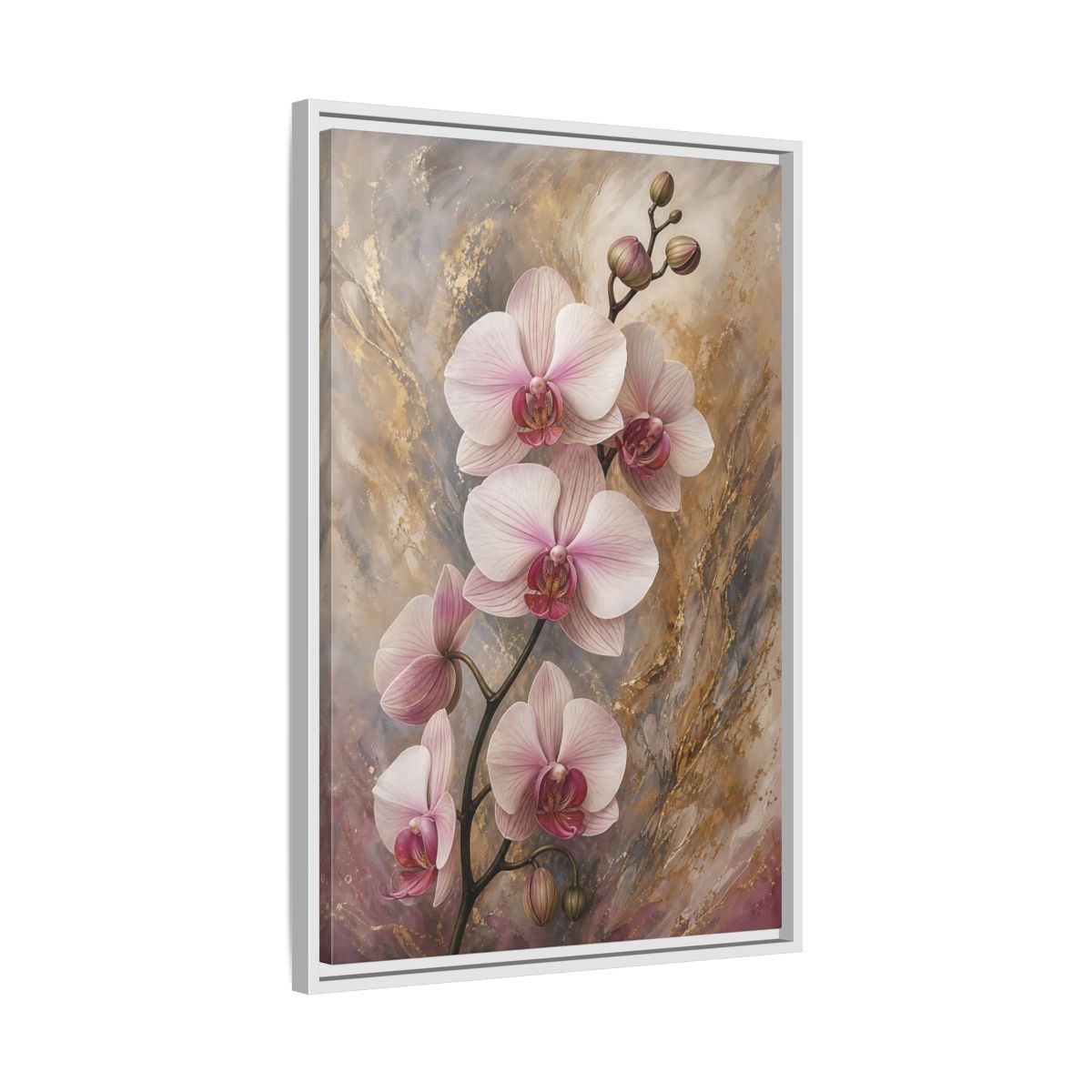 Floral Orchids Pink Gold Framed Canvas Wall Art - Living Room, Above Sofa, and shown as canvas wall art