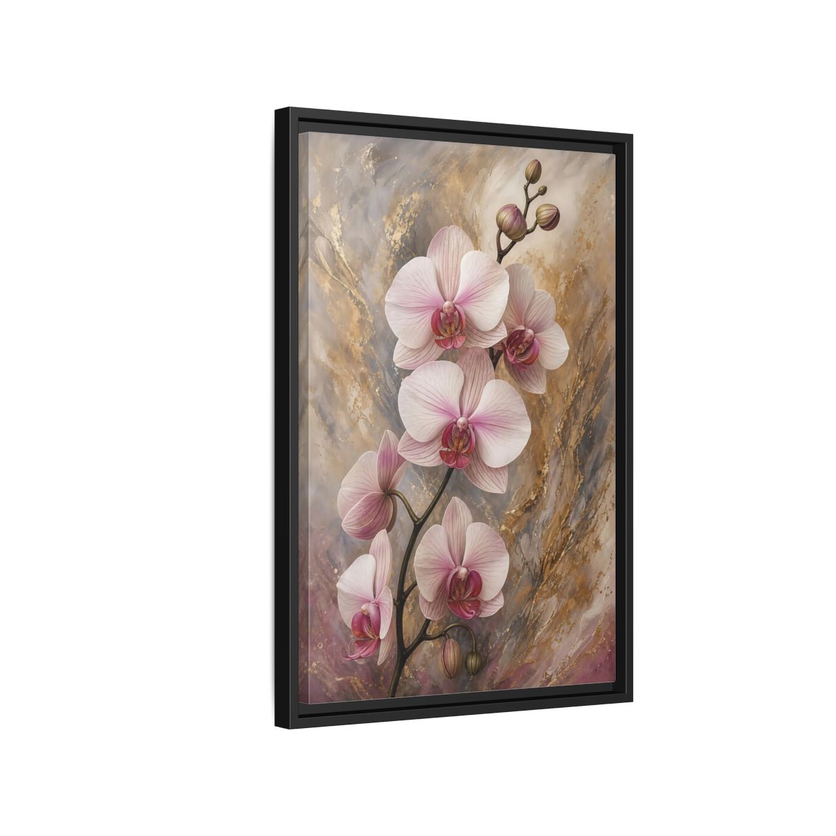 Floral Orchids Pink Gold Framed Canvas Wall Art - Living Room, Above Sofa, and shown as canvas wall art