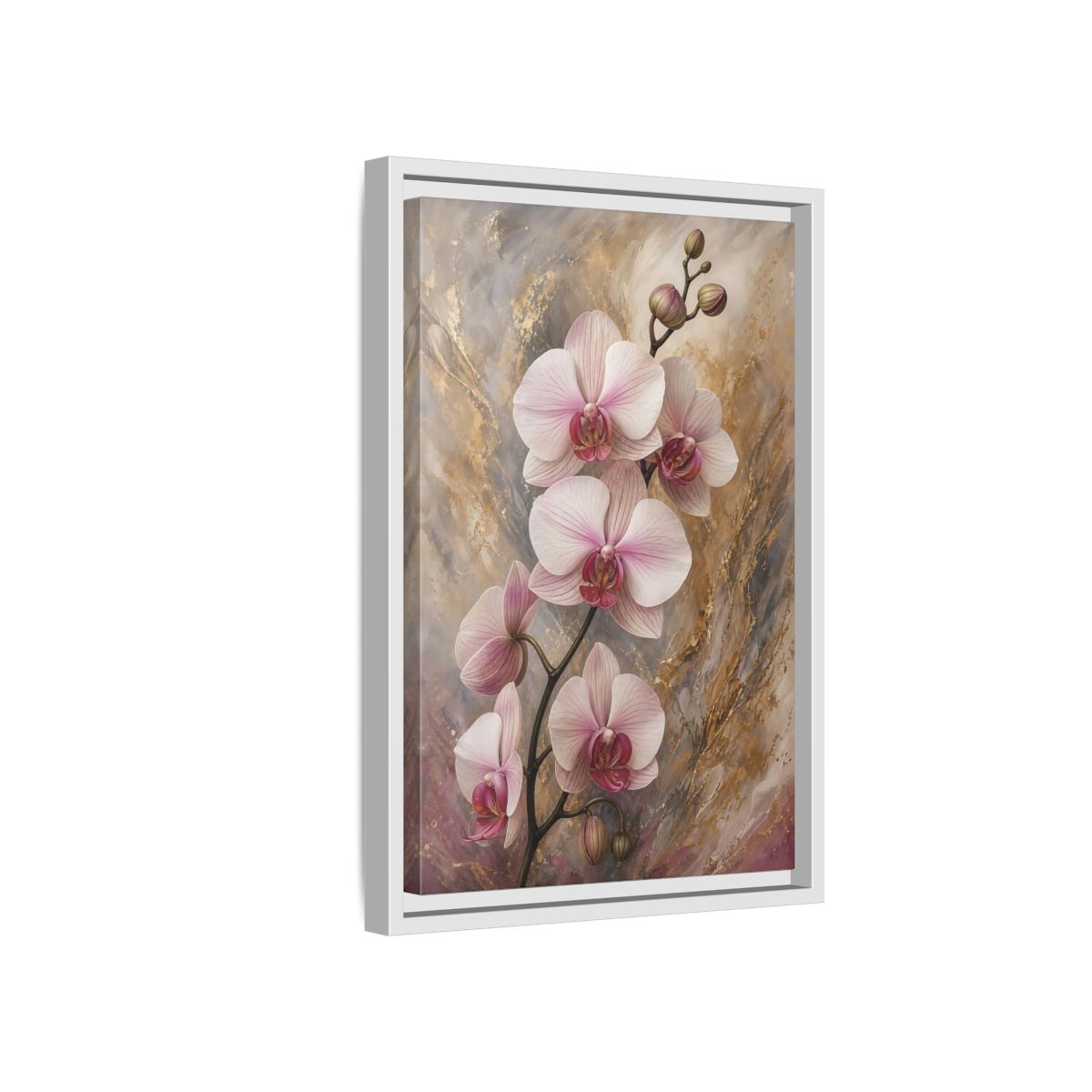 Floral Orchids Pink Gold Framed Canvas Wall Art - Living Room, Above Sofa, and shown as canvas wall art