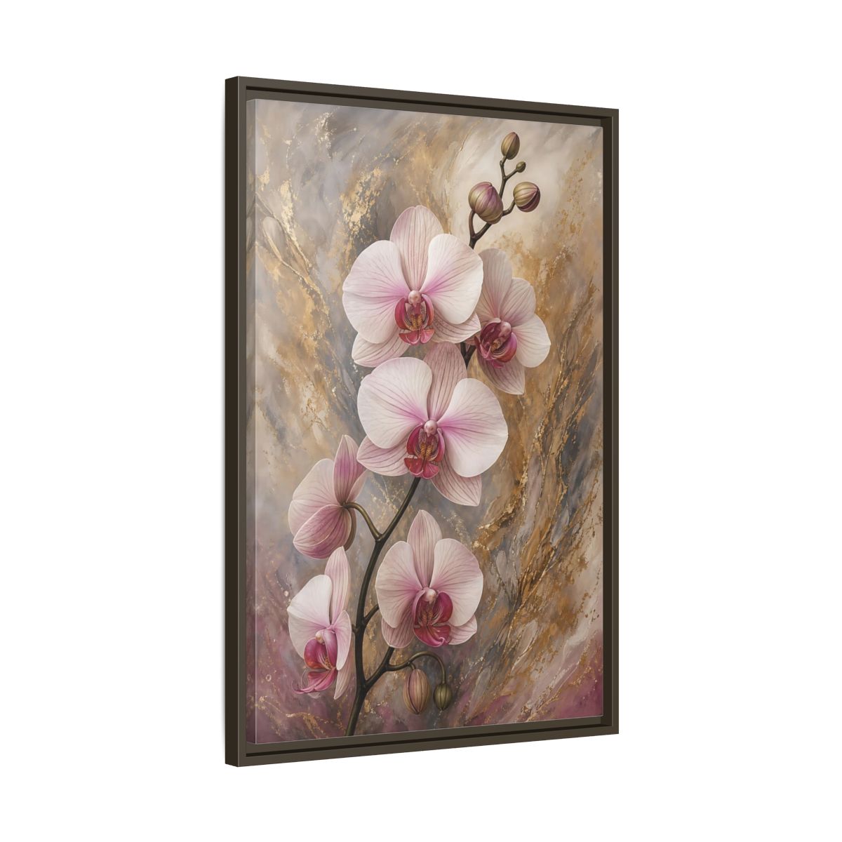 Floral Orchids Pink Gold Framed Canvas Wall Art - Living Room, Above Sofa, and shown as canvas wall art