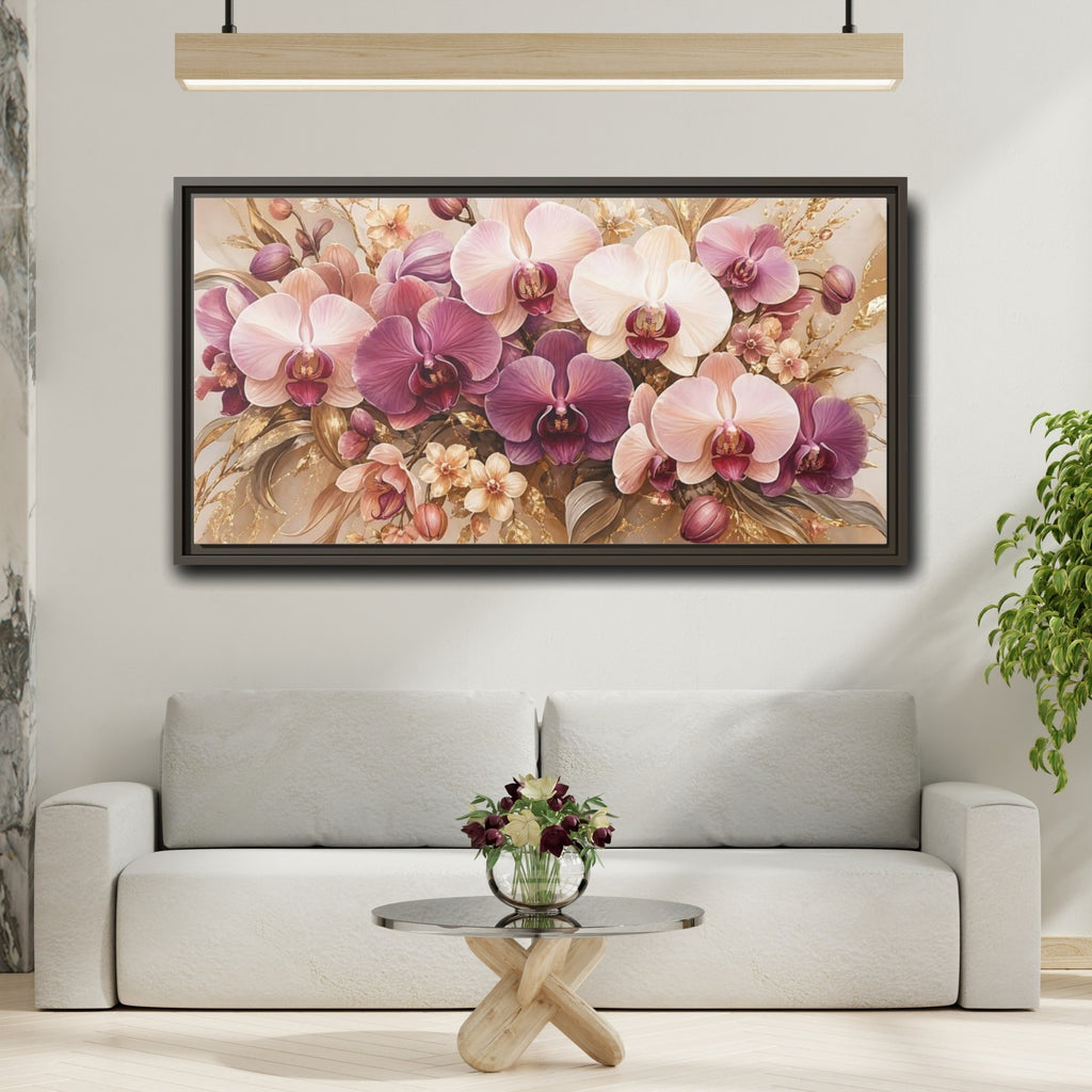 Mockup 2. Floral Orchids Pink Gold Orchids shown as stretched canvas wall art