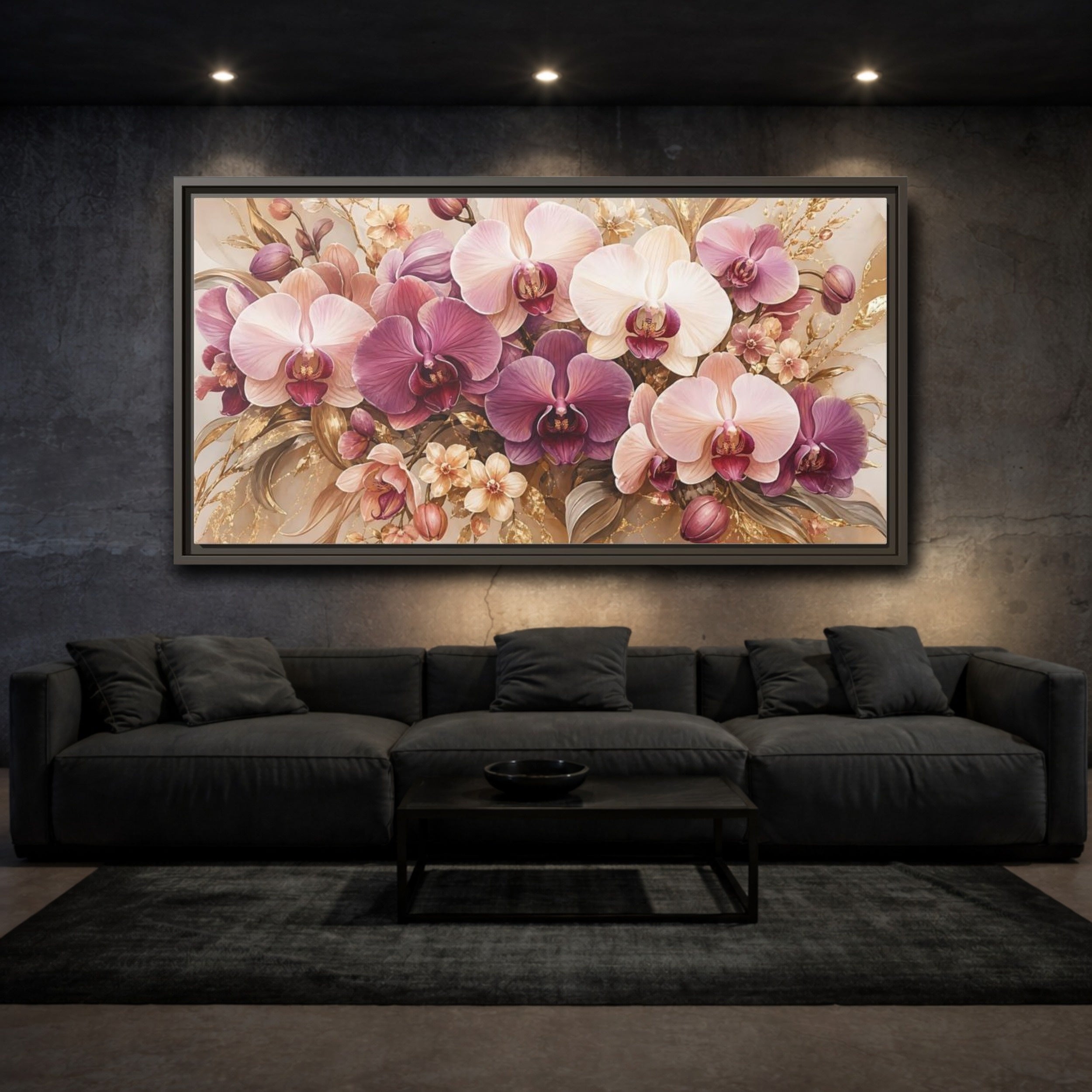 Mockup 3. Floral Orchids Pink Gold Orchids shown as stretched canvas wall art