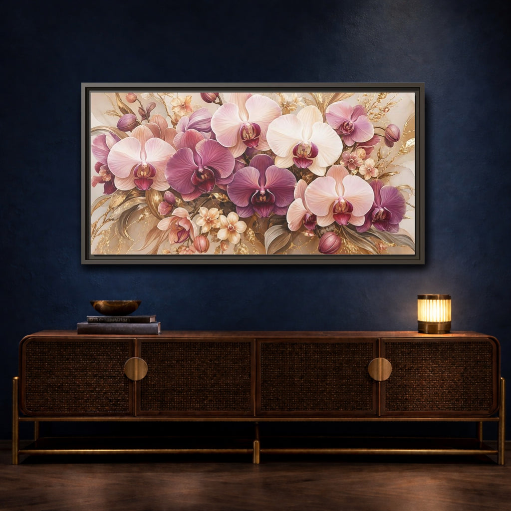 Mockup 4. Floral Orchids Pink Gold Orchids shown as stretched canvas wall art