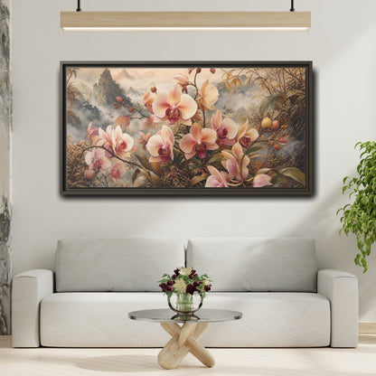 Mockup 2. Floral Orchids Pink Orchid shown as stretched canvas wall art