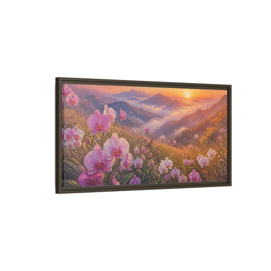 Main Mockup. Floral Orchids Pink Orchid Sunrise shown as stretched canvas wall art