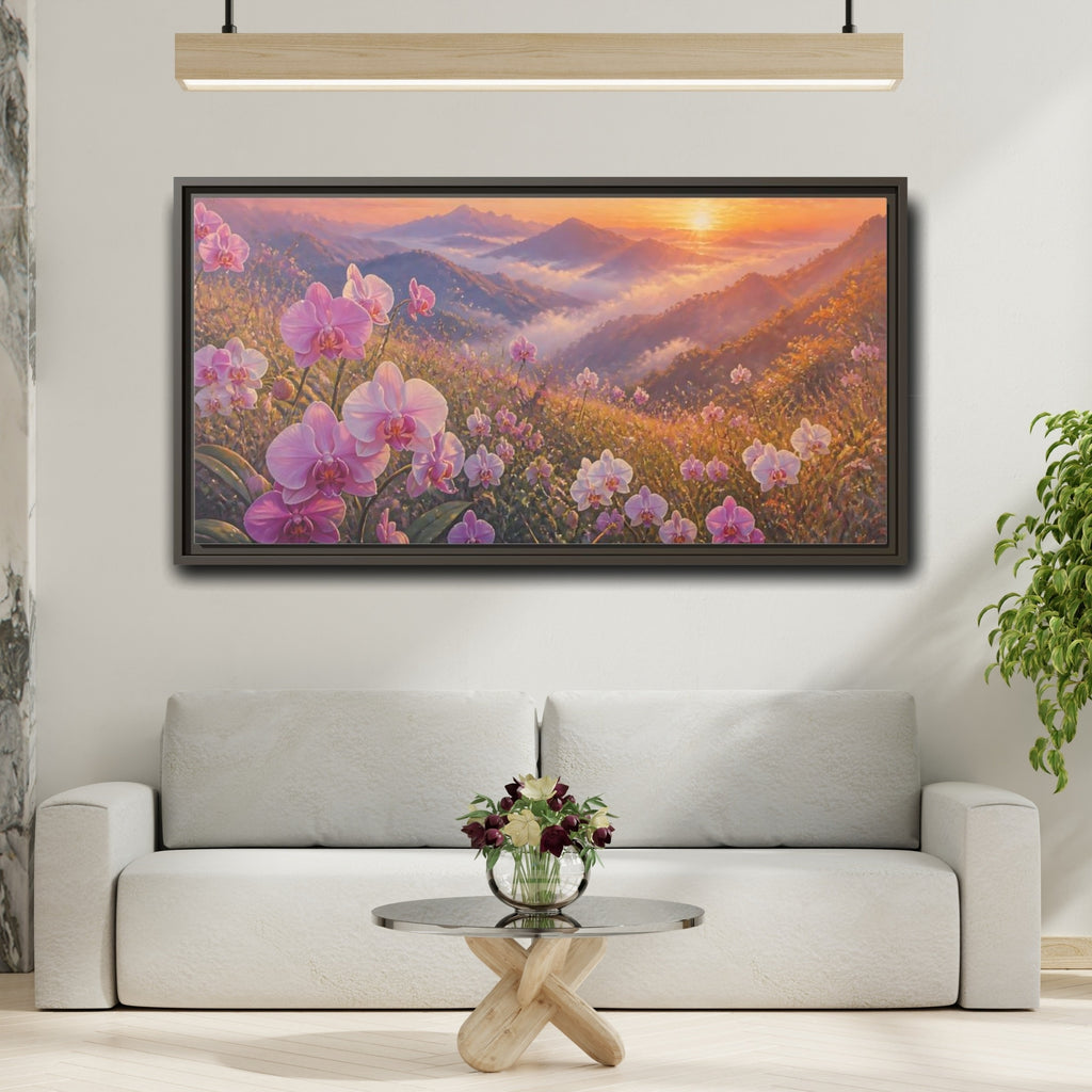 Mockup 2. Floral Orchids Pink Orchid Sunrise shown as stretched canvas wall art
