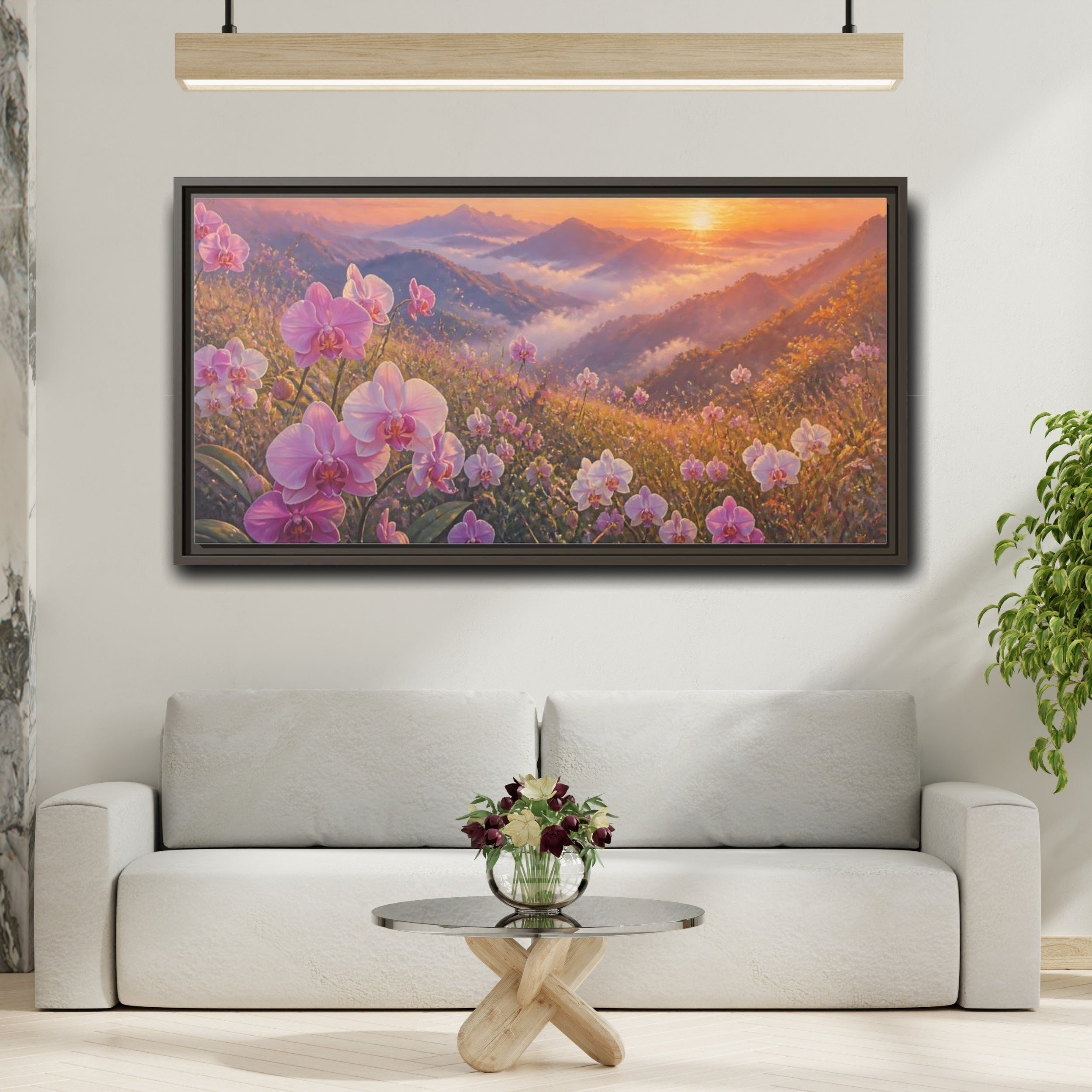 Mockup 2. Floral Orchids Pink Orchid Sunrise shown as stretched canvas wall art