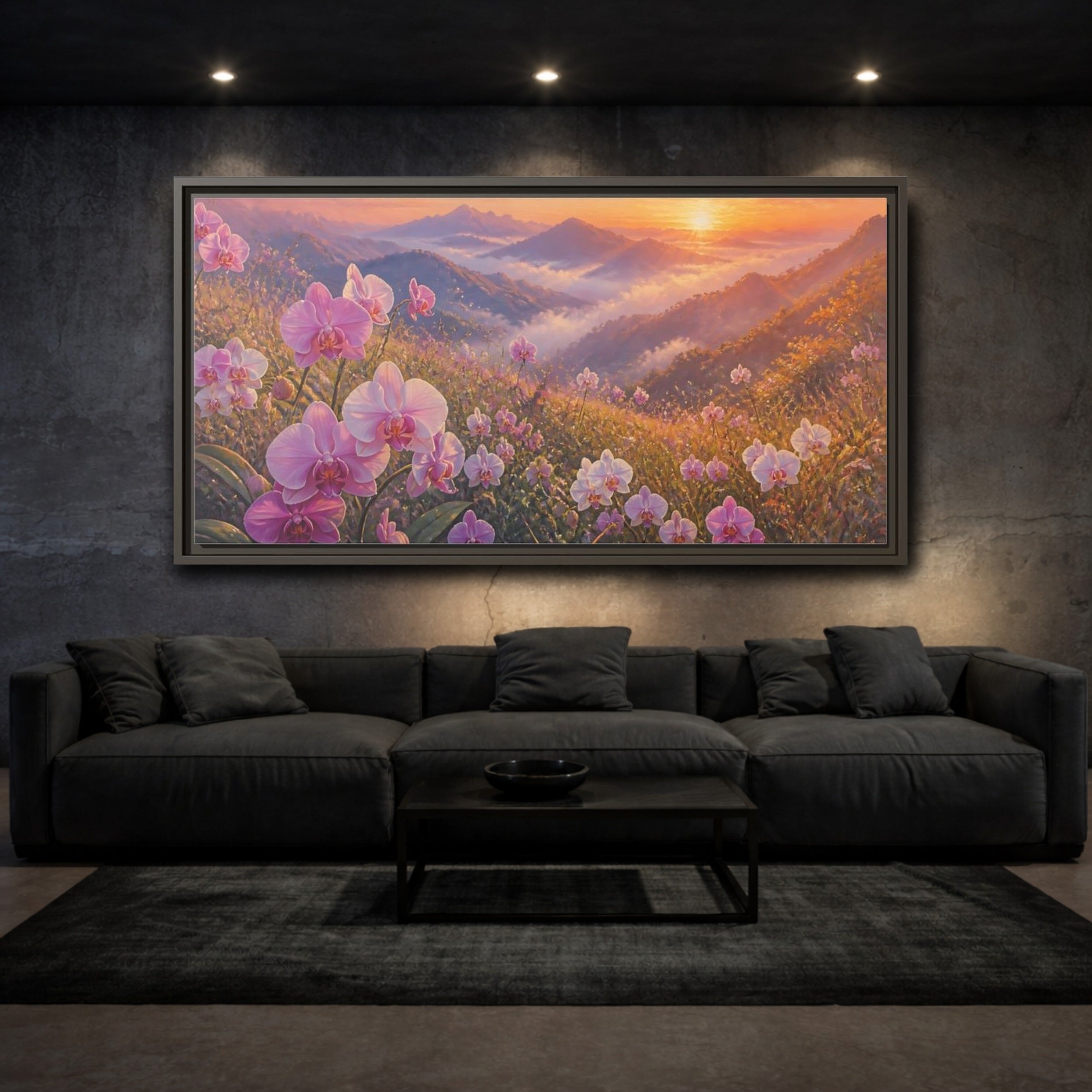 Mockup 3. Floral Orchids Pink Orchid Sunrise shown as stretched canvas wall art