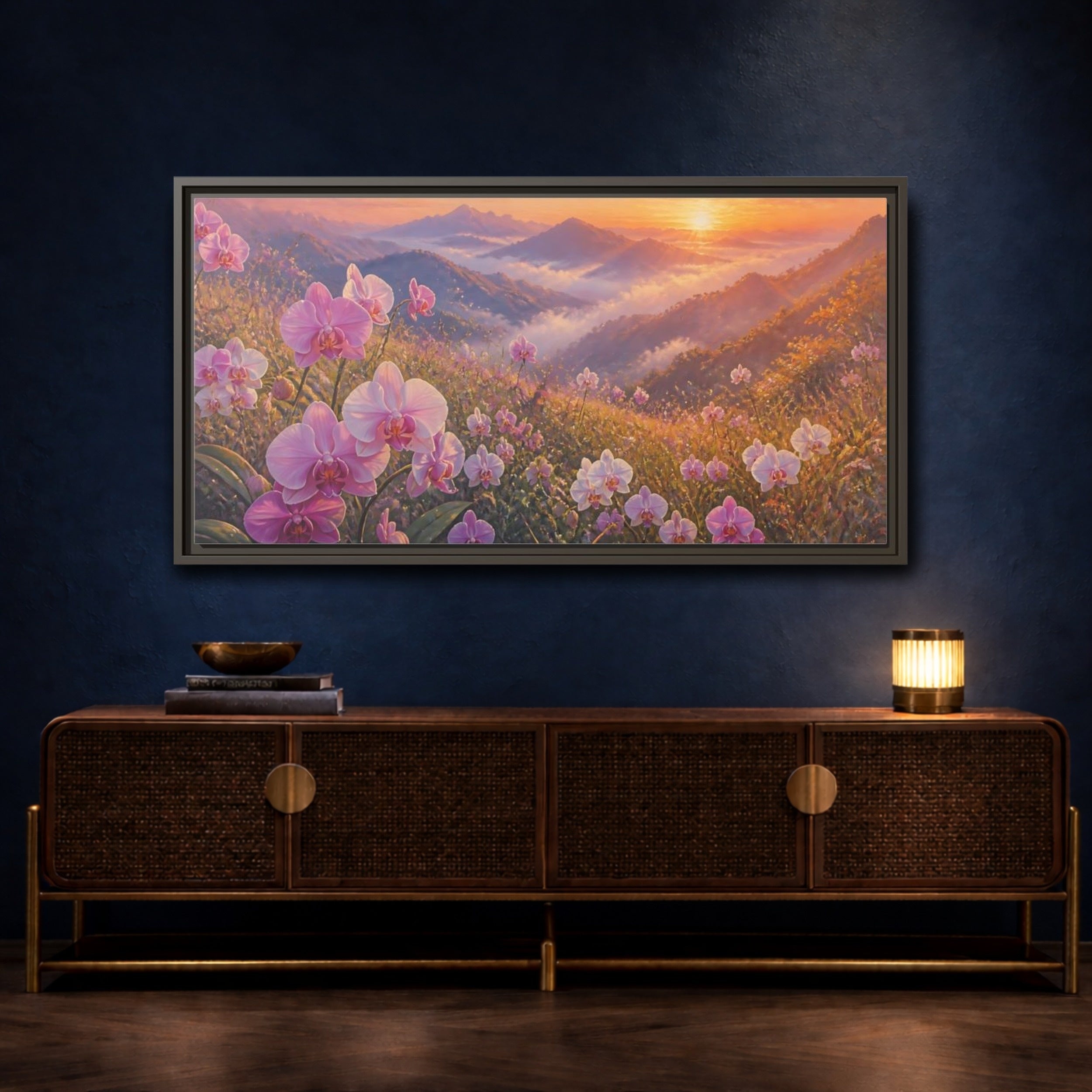 Mockup 4. Floral Orchids Pink Orchid Sunrise shown as stretched canvas wall art