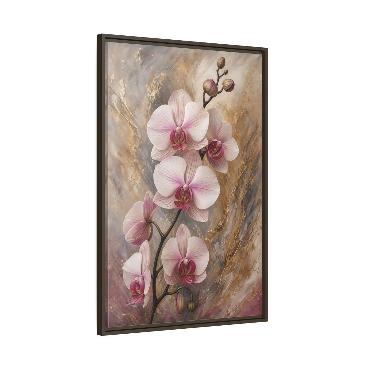 Floral Orchids Pink Gold Framed Canvas Wall Art - Living Room, Above Sofa, and shown as canvas wall art