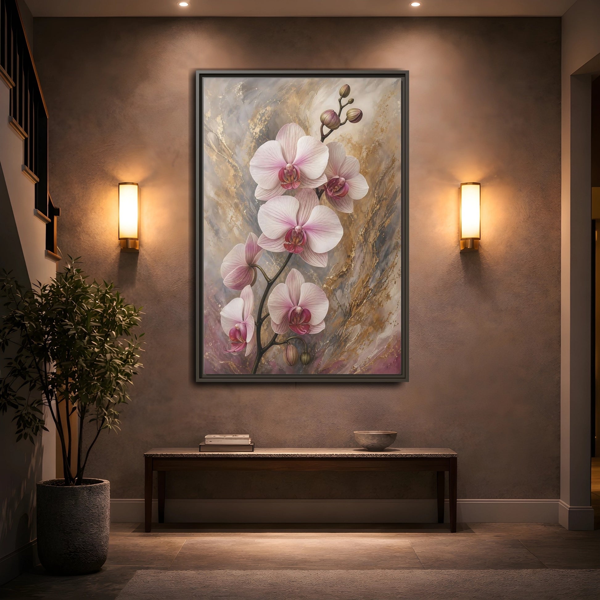 Floral Orchids Pink Gold Framed Canvas Wall Art - Living Room, Above Sofa, and shown as canvas wall art