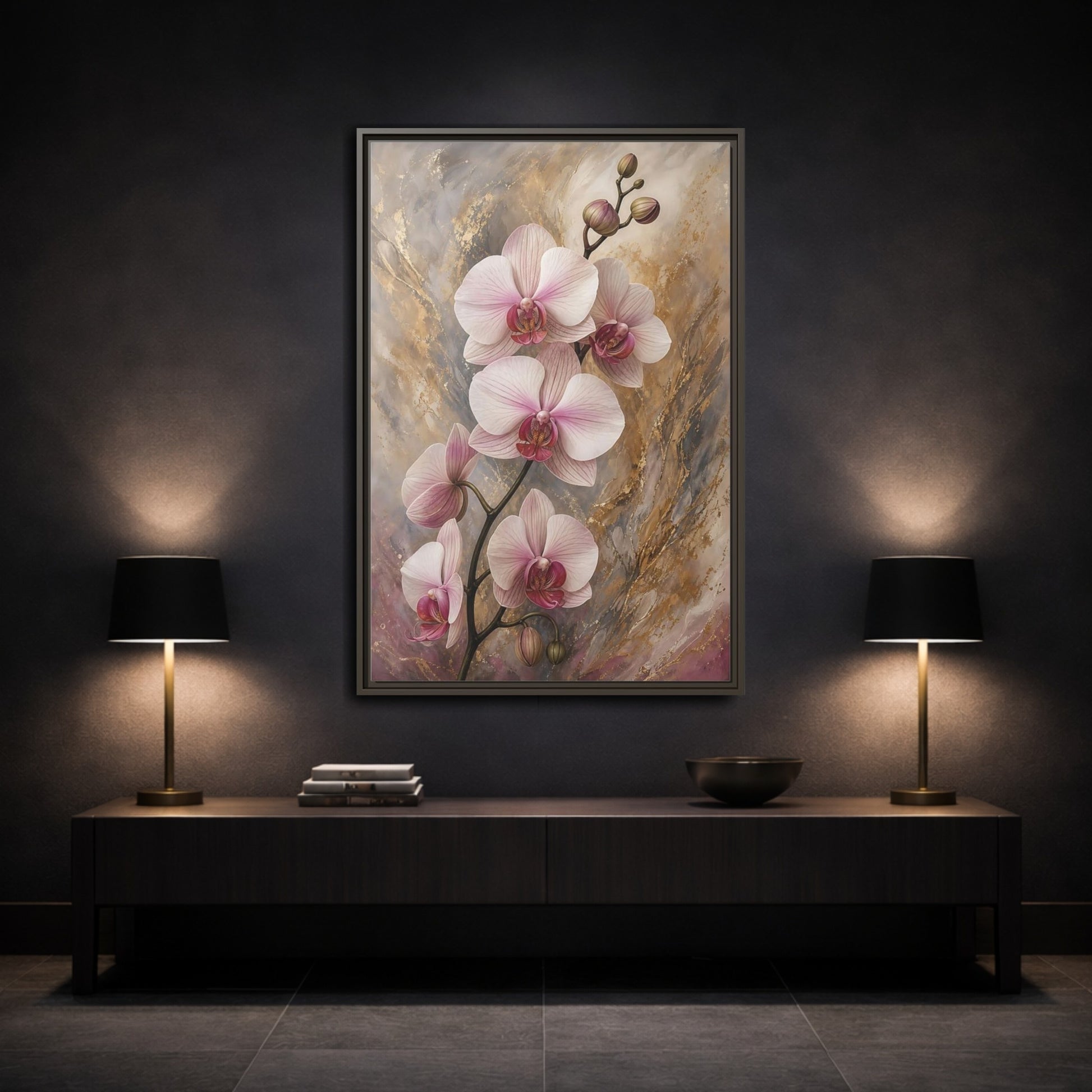 Floral Orchids Pink Gold Framed Canvas Wall Art - Living Room, Above Sofa, and shown as canvas wall art