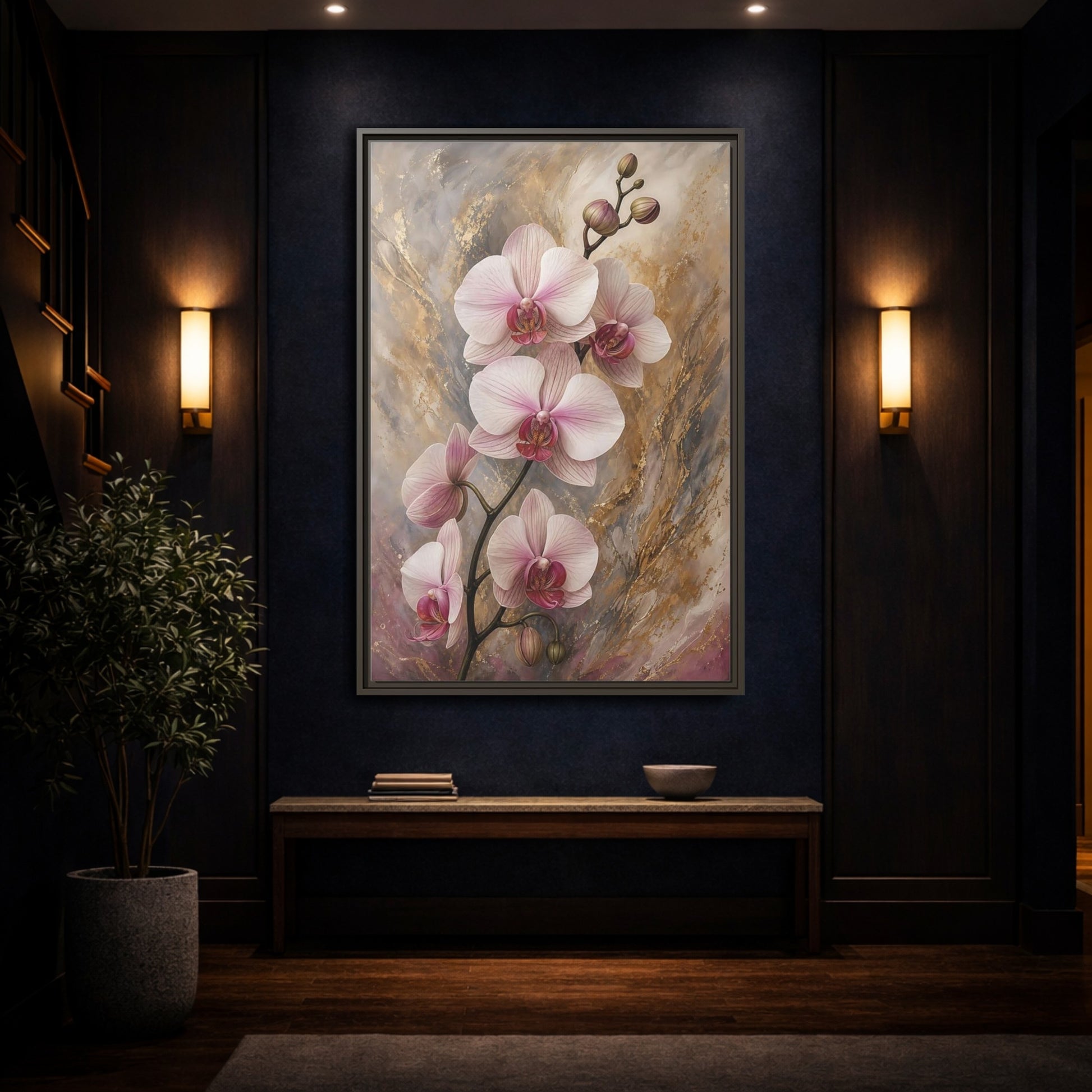 Floral Orchids Pink Gold Framed Canvas Wall Art - Living Room, Above Sofa, and shown as canvas wall art