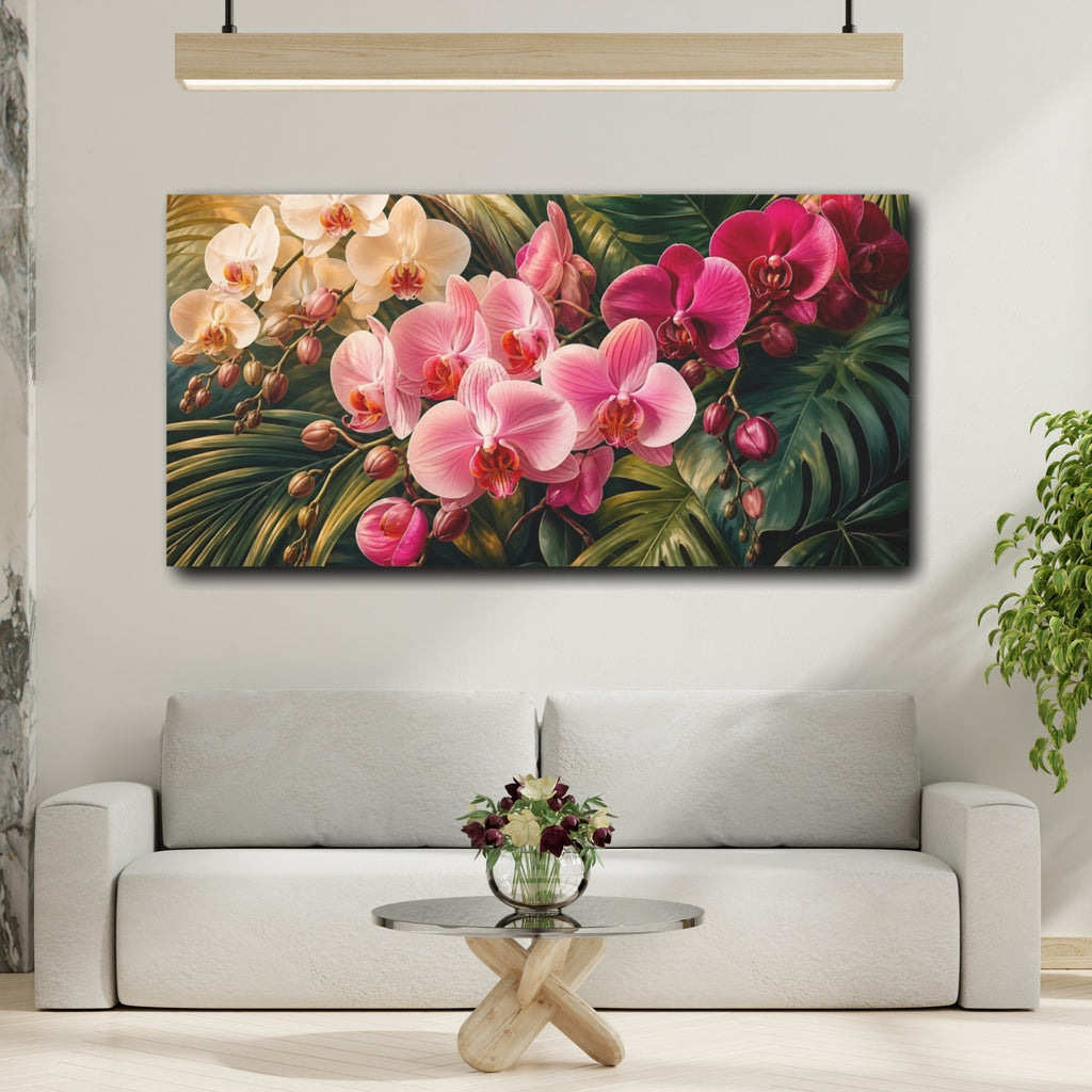 Mockup 2. Floral Orchids Pink Orchids shown as stretched canvas wall art